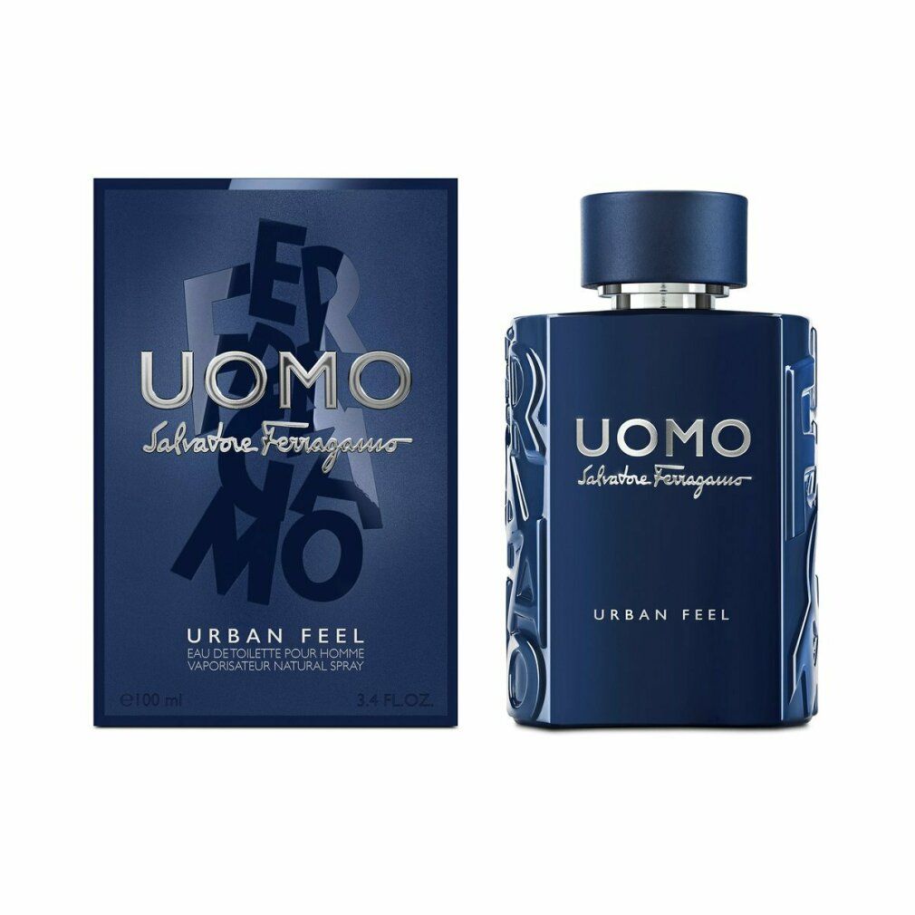 Flacone e confezione blu scuro Uomo Urban Feel. Scritta Uomo Salvatore Ferragamo e Urban Feel. Eau de Toilette.