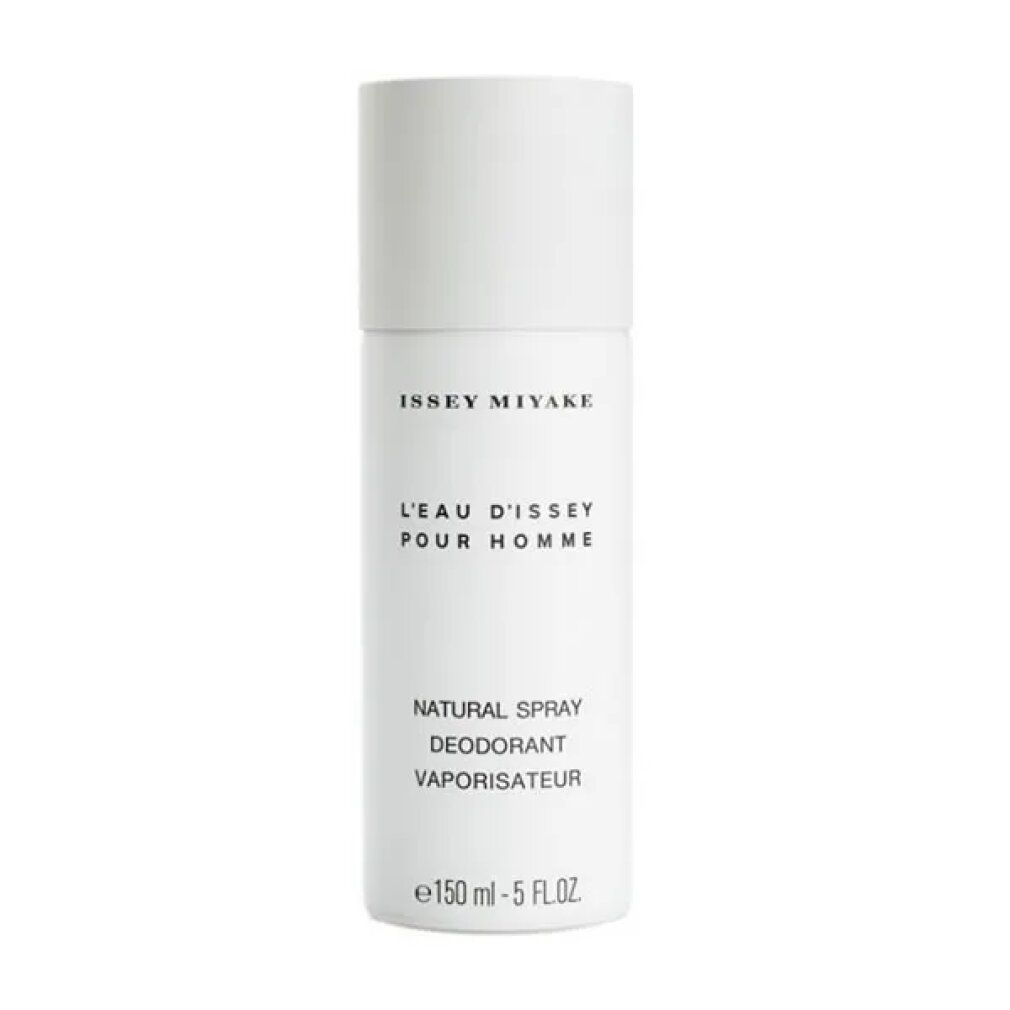 Spray deodorante bianco con tappo. Scritta: ISSEY MIYAKE, L'EAU D'ISSEY POUR HOMME, NATURAL SPRAY DEODORANT VAPORISATEUR.