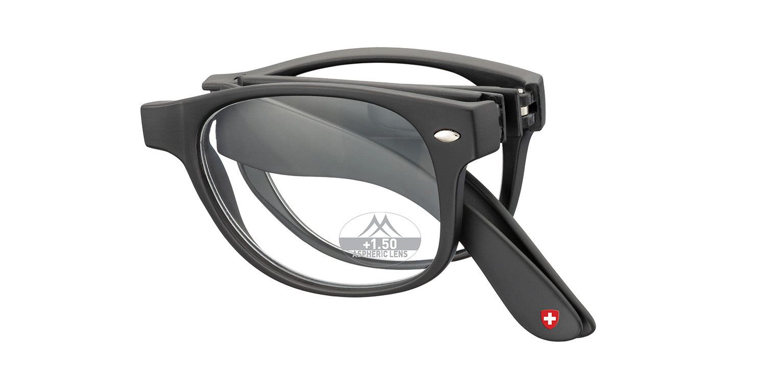 Occhiali da lettura grigi piegati. Logo Montana, croce svizzera. +1.50 diottrie. Montatura nera, lenti rotonde. Primo piano.
