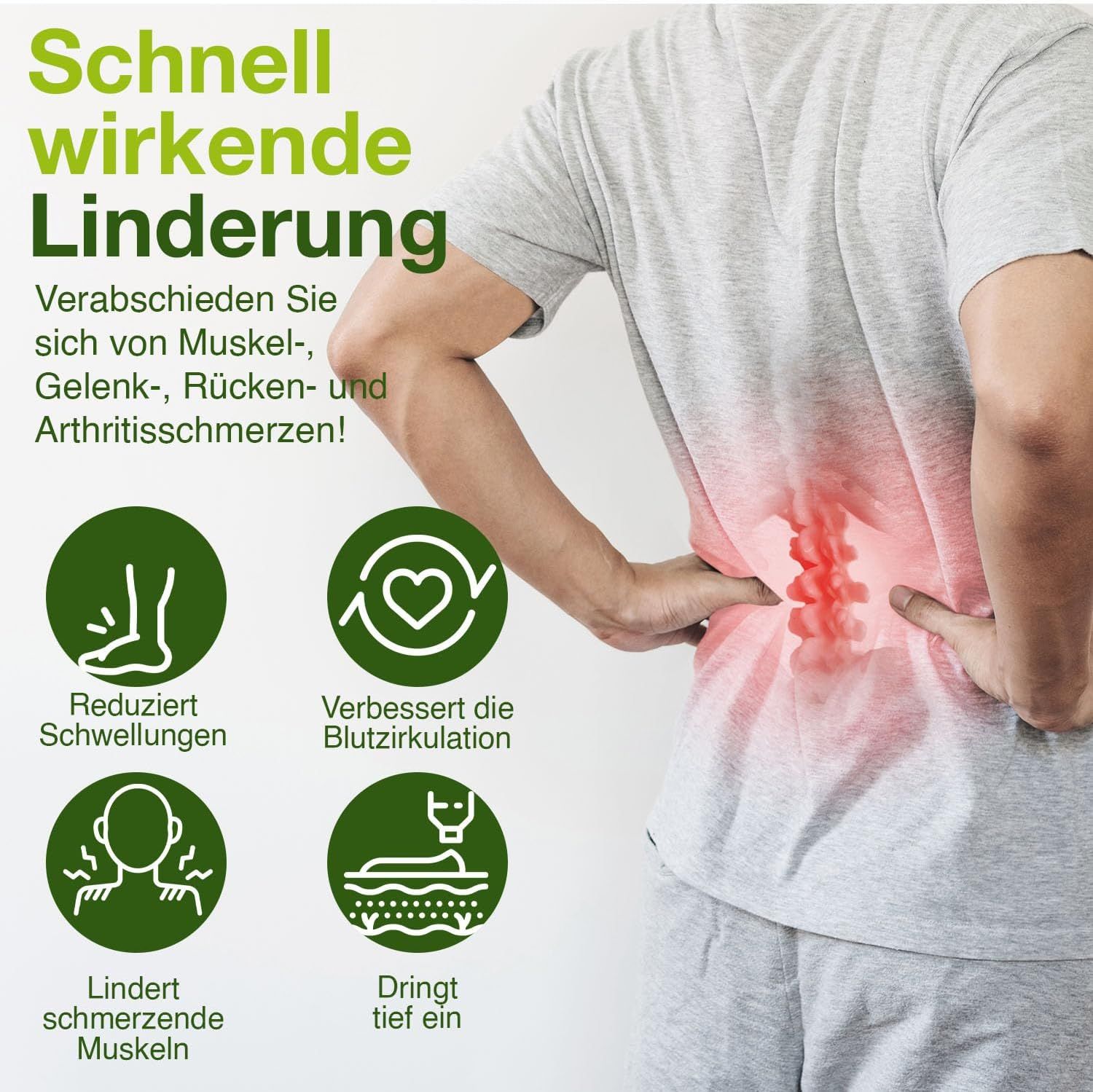 Uomo con dolore alla schiena. Simboli circolari con testi: Riduce il gonfiore, migliora la circolazione sanguigna.