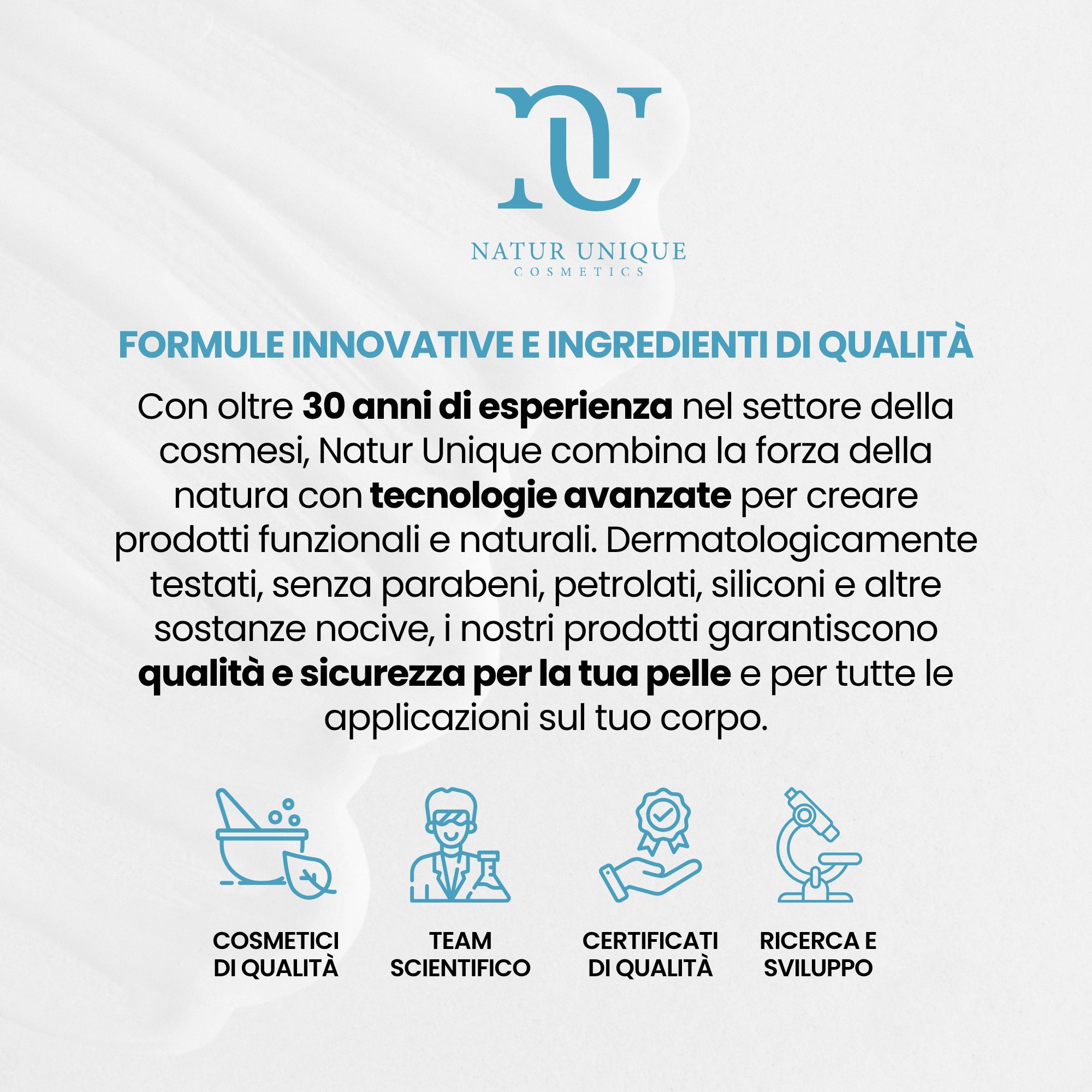 Natur Unique DD Cream, formule innovative e ingredienti di qualità, con icone per qualità e ricerca.