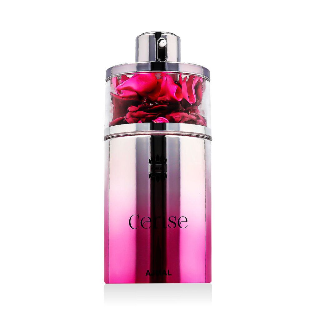Flacone di profumo con tappo argentato e sfumatura rosa. La parte superiore contiene petali. Scritta: Cerise, Ajmal.