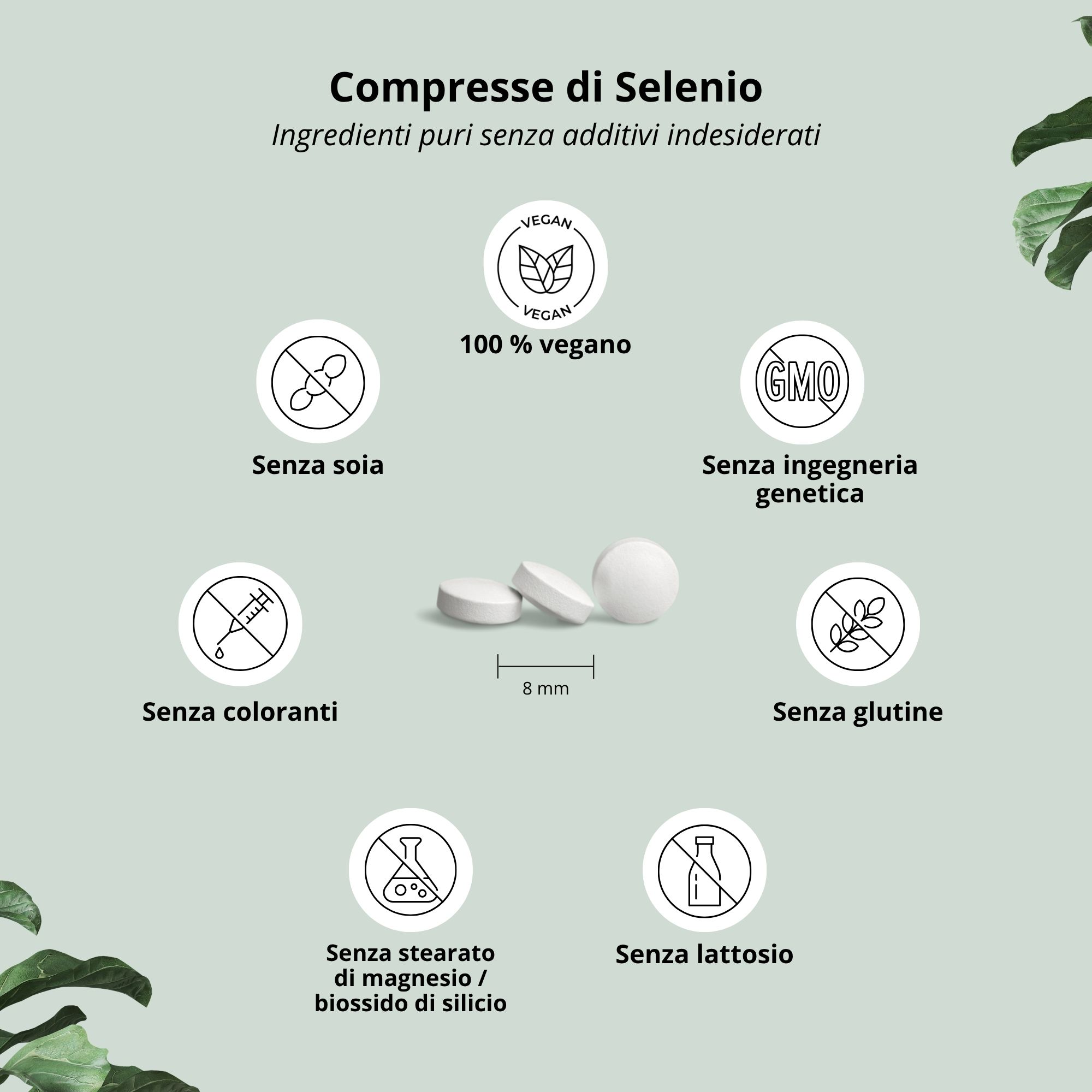 Tre compresse bianche. Scritta: Compresse di Selenio. Simboli: vegano, senza OGM, senza glutine, ecc.