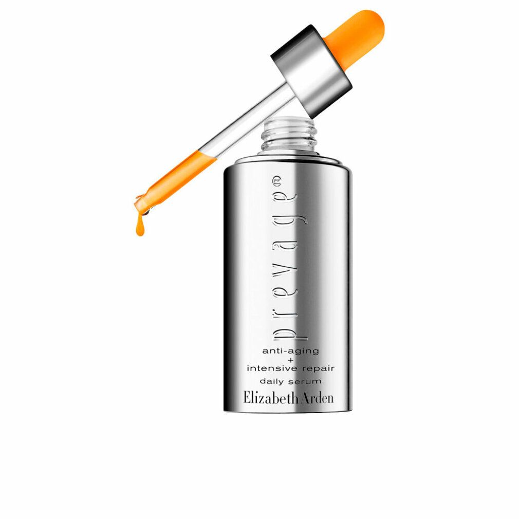 Flacone argento con contagocce. Goccia gialla. Testo: Prevage, Anti-Aging, Intensive Repair Daily Serum, Elizabeth Arden.