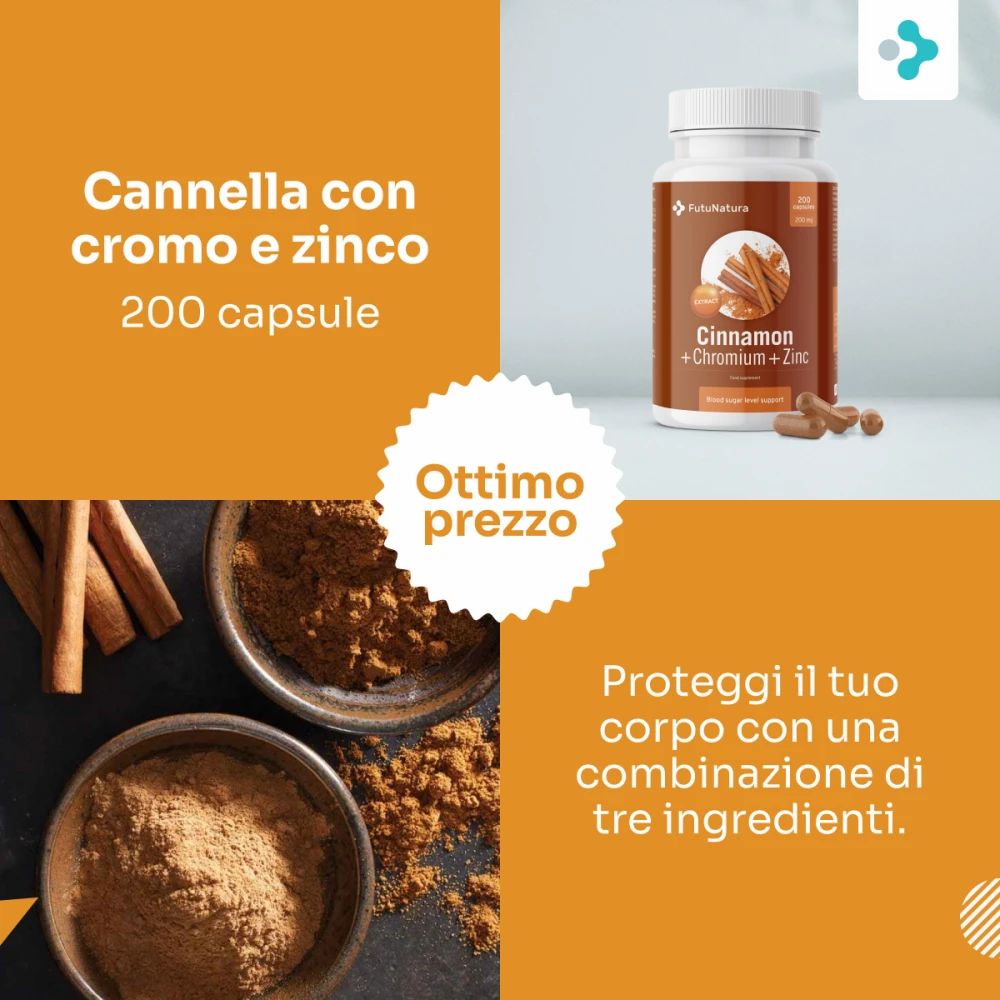 Flacone di Cannella, Cromo e Zinco. Capsule marroni. Scritta: Cannella con cromo e zinco. Sfondo marrone.