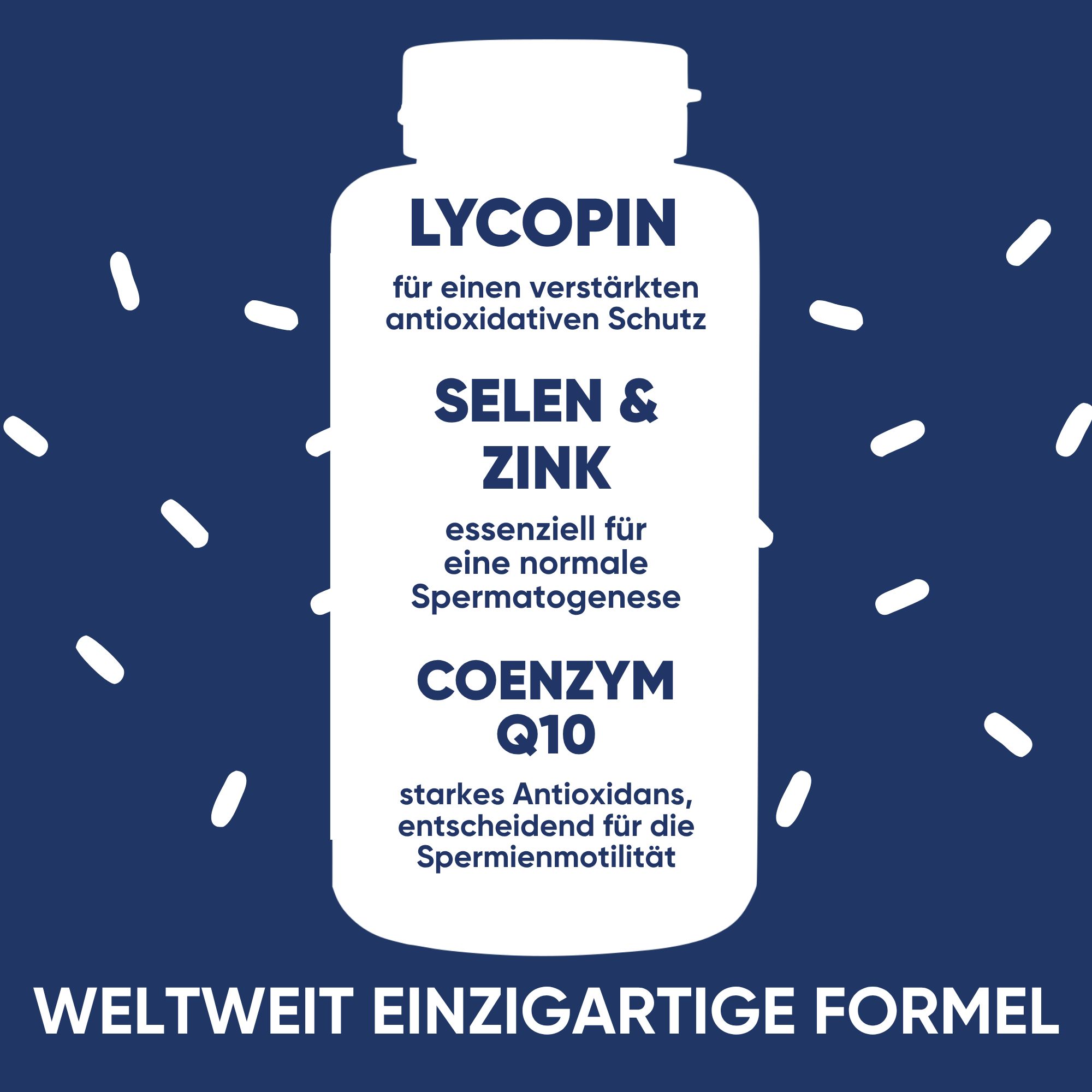 Flacone di capsule, evidenziati Licopene, Selenio & Zinco, Coenzima Q10. "Formula unica al mondo".
