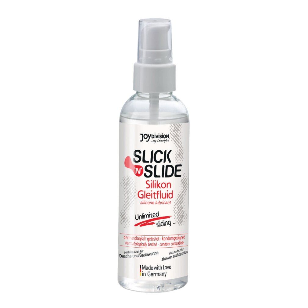 Flacone trasparente con vaporizzatore. Scritta: Slick'N'Slide Silikon Gleitfluid. Dermatologicamente testato. Per doccia e vasca.
