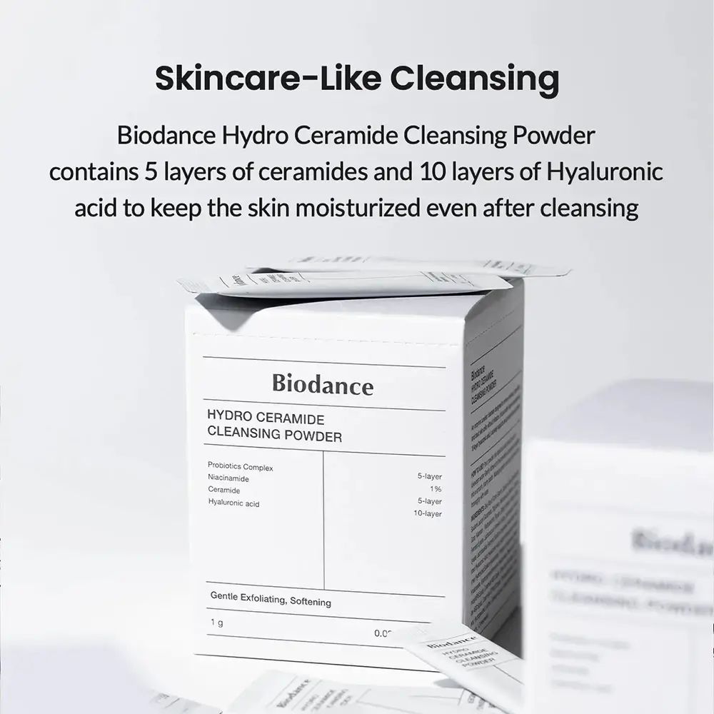 Confezione e bustina singola di BIODANCE Hydro Ceramide Cleansing Powder. Testo: Pulizia simile alla cura della pelle. Ingredienti.