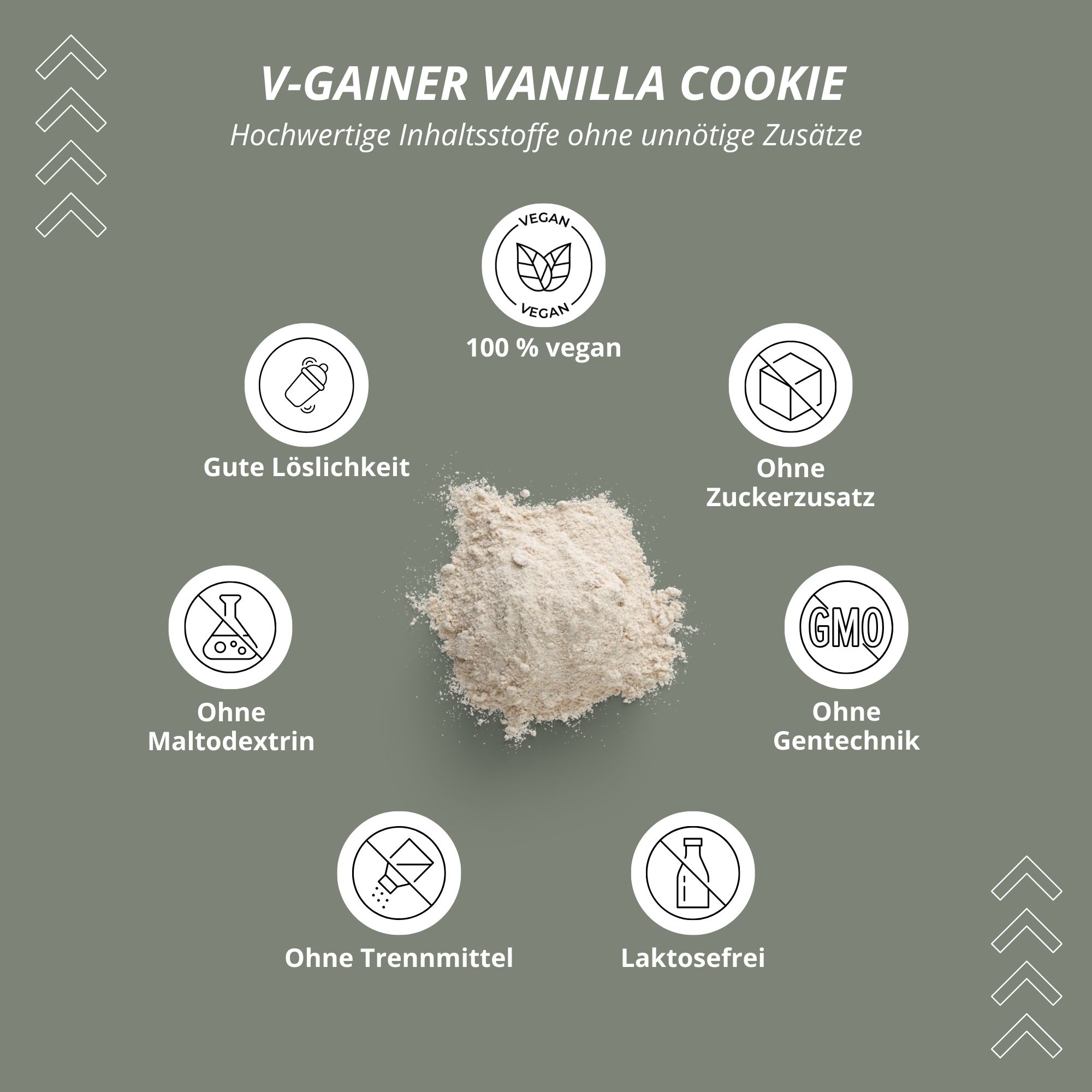 Icone circolari su sfondo grigio. Testo: "V-GAINER VANILLA COOKIE". 100% vegano, senza zuccheri aggiunti, senza OGM, ecc.
