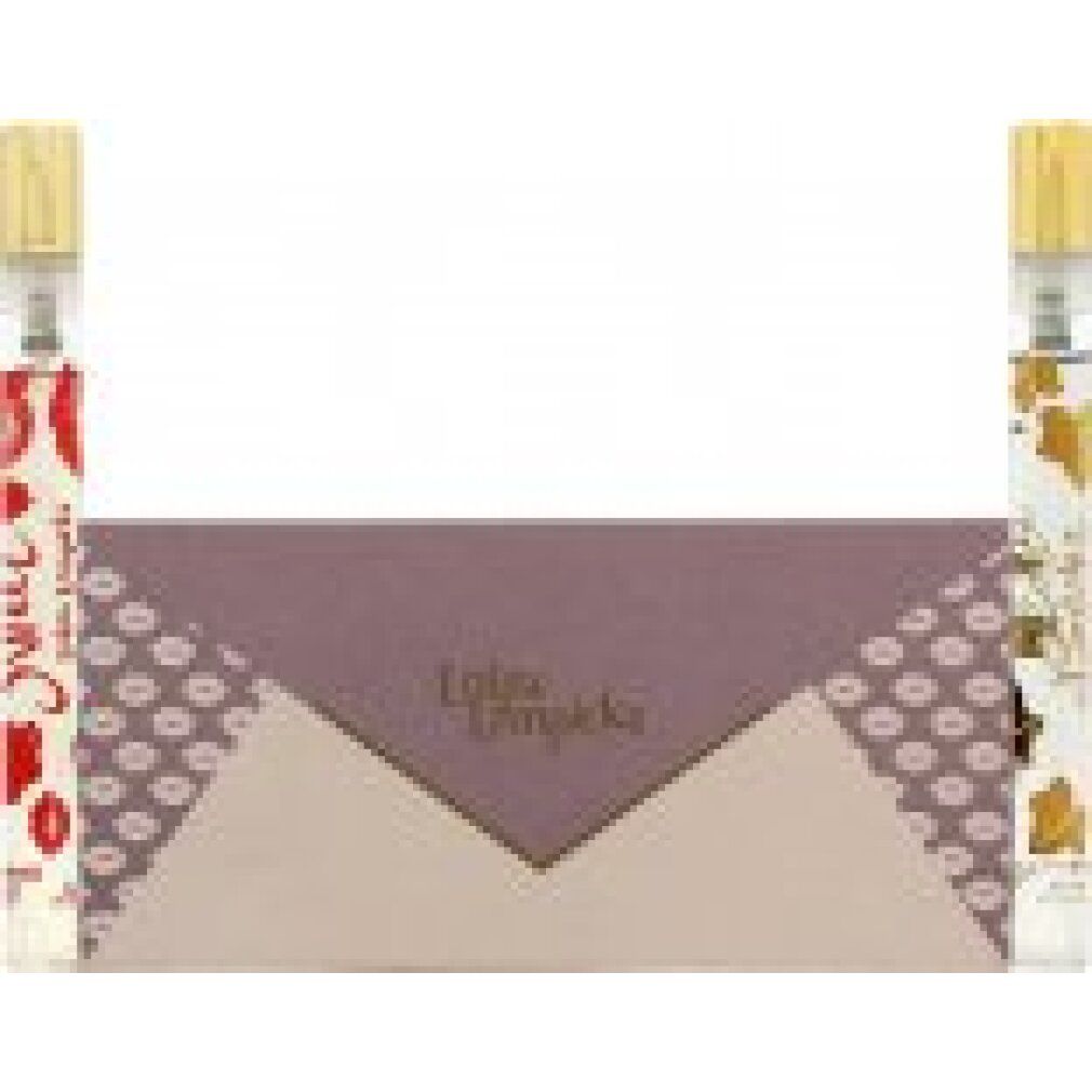 Set regalo con due flaconi di profumo e custodia lilla con motivo labbra. Scritta dorata: Lolita Lempicka.