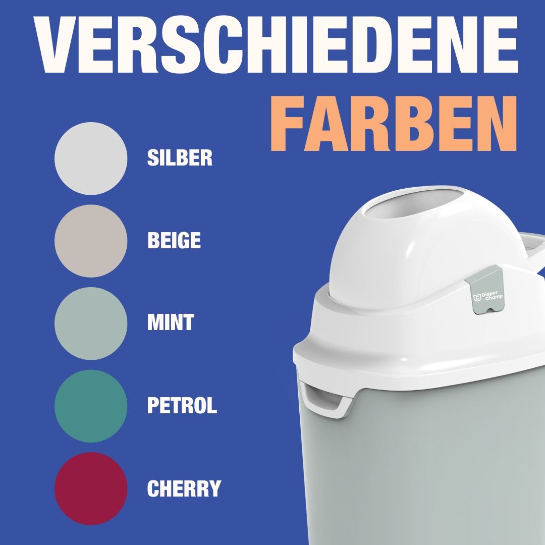 Pattumiera per pannolini Diaper Champ One, grigio-bianco. Testo: "VERSCHIEDENE FARBEN" ed esempi di colori. Logo e testo: "Diaper Champ".