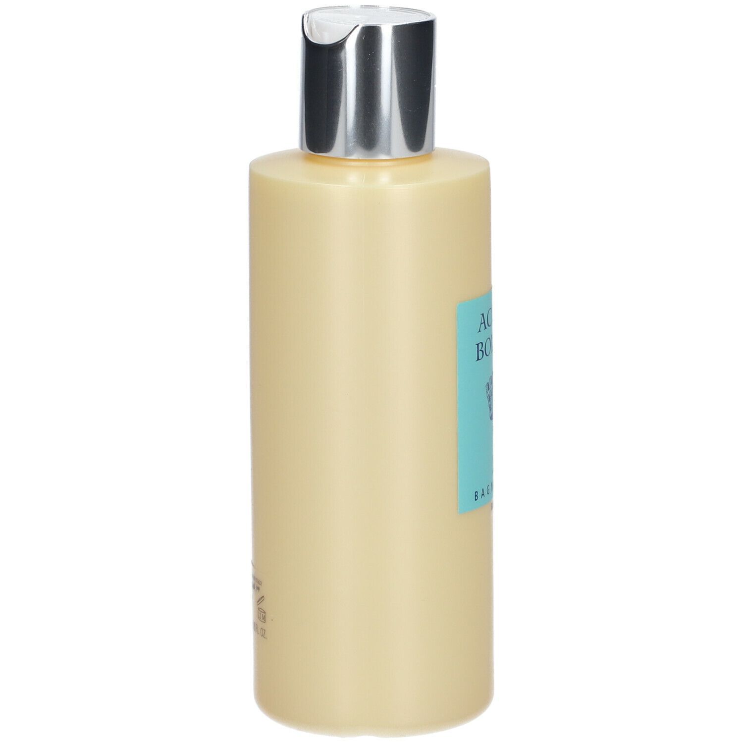 Flacone beige con tappo argentato. Etichetta blu con testo visibile sul lato. Il resto del flacone è beige.