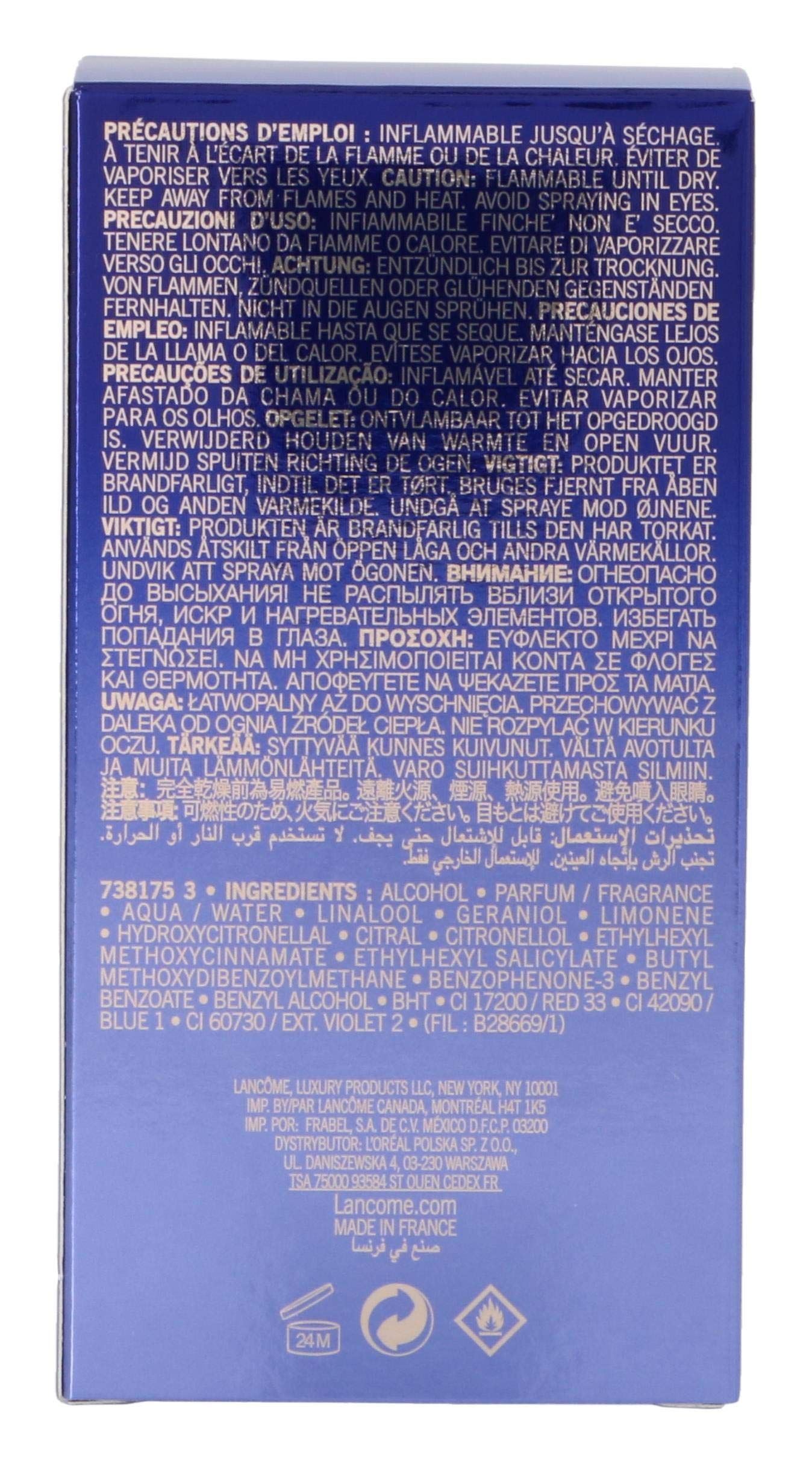Confezione blu scuro con testo multilingue. Contiene informazioni sugli ingredienti e precauzioni. Marchio: Lancôme.