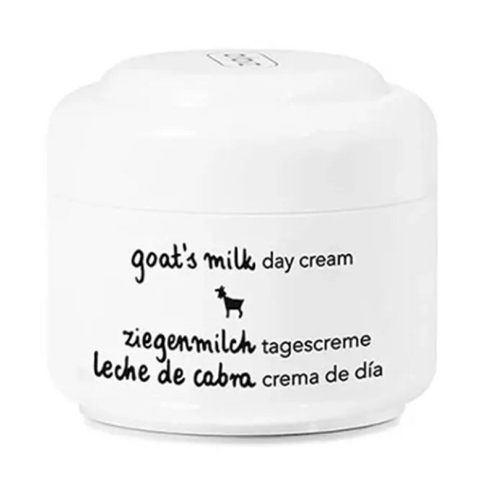 Vasetto bianco con scritte nere. Scritte: goat's milk day cream, Ziegenmilch Tagescreme, leche de cabra crema de día. Logo Ziaja.