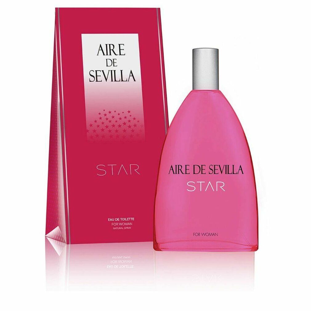 Flacone rosa con tappo argentato e confezione. Scritta: Aire de Sevilla Star. Per donna.