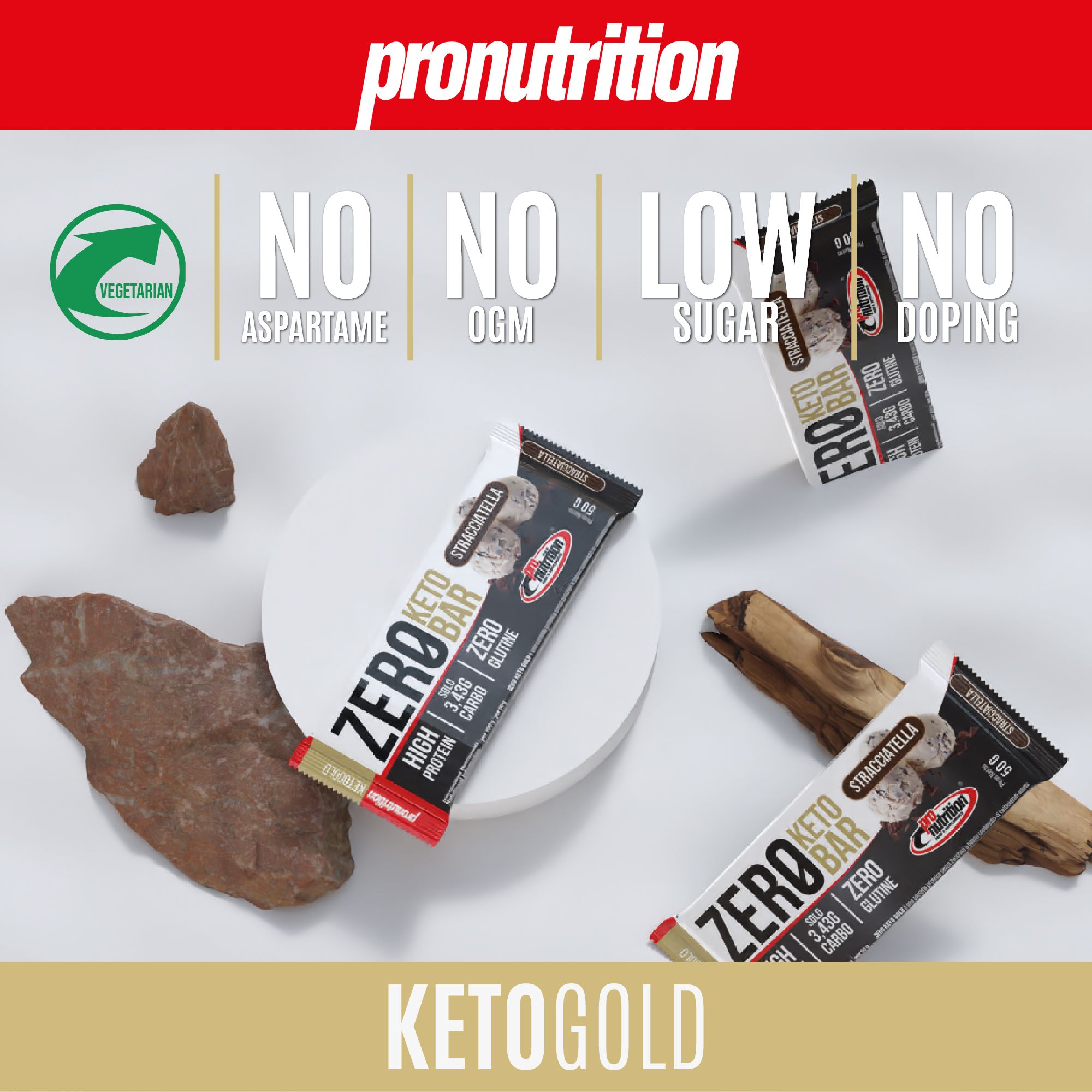 Diverse barrette ZERO KETO BAR. Scritta: High Protein, 3,43g Carbo, Zero Glutine. Con certificazioni.