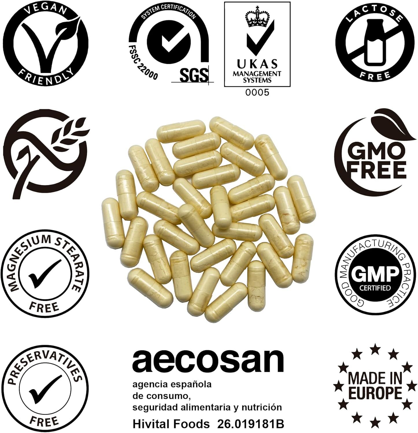 Capsule circondate da vari marchi di certificazione. Vegano, senza lattosio, senza OGM, senza stearato di magnesio, senza conservanti.