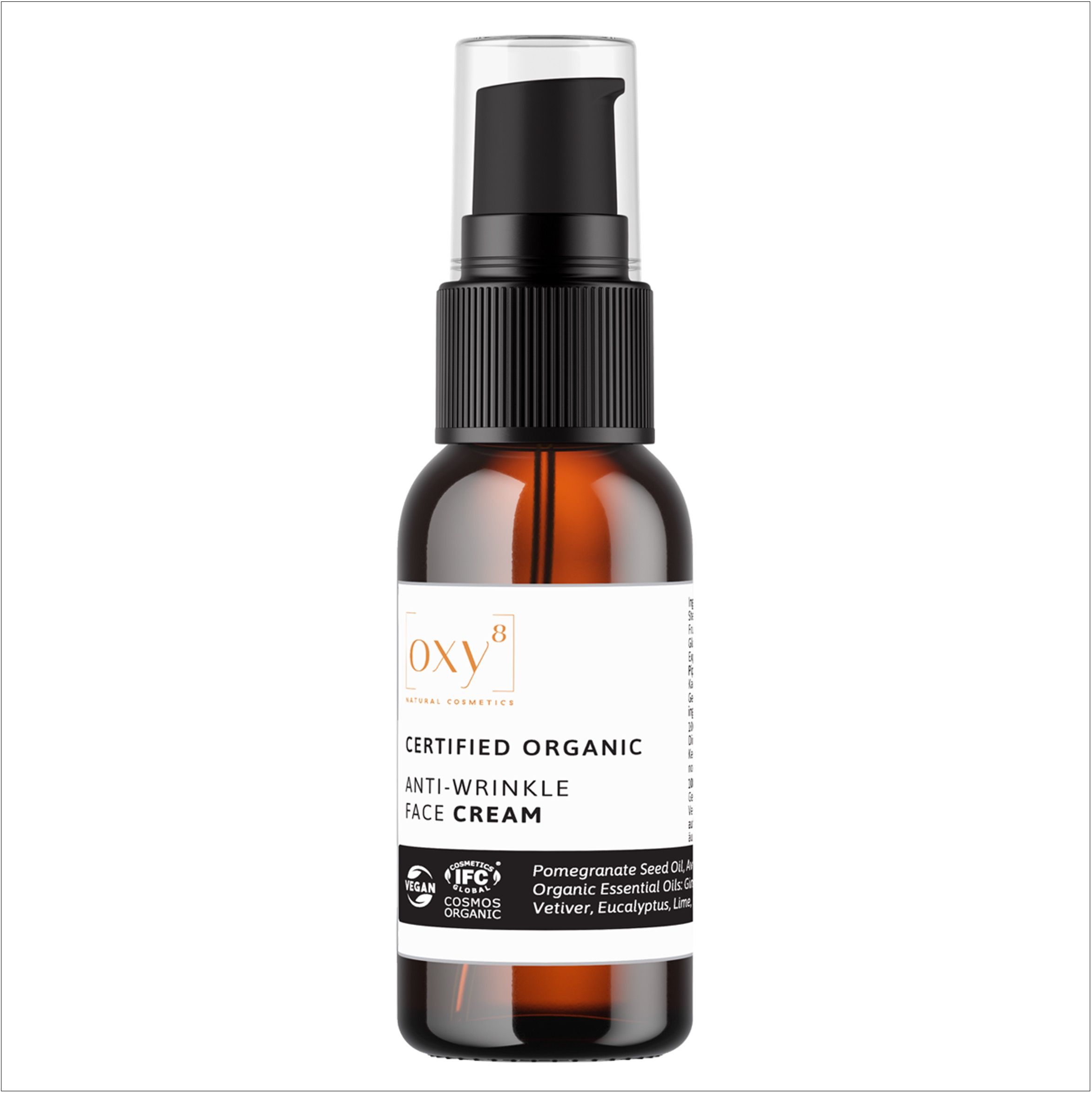 Flacone marrone con dosatore nero. Scritta: ANTI WRINKLE FACE CREAM. Prodotto biologico certificato.