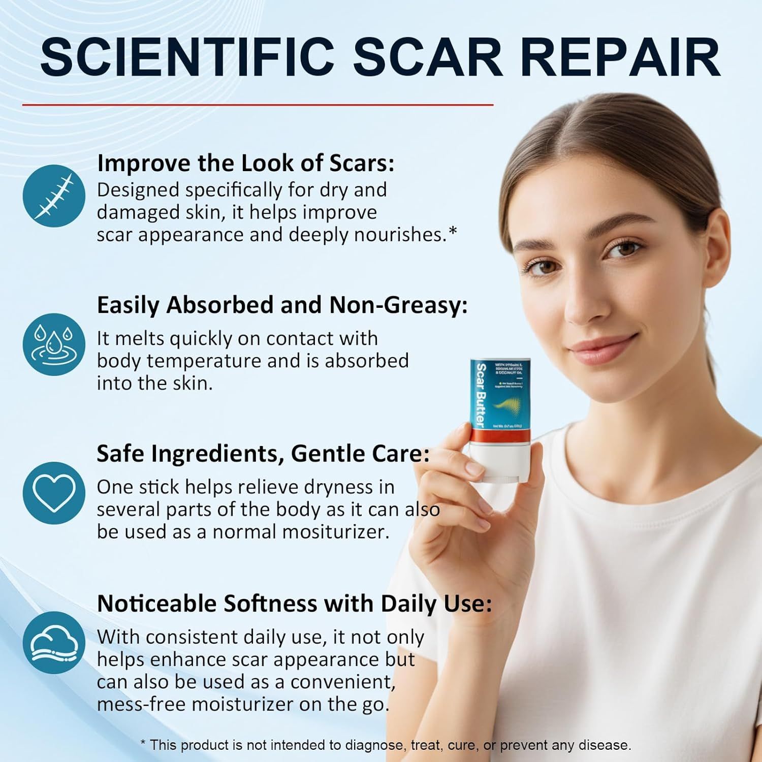 Donna con stick "Scar Butter". Testo: Riparazione scientifica delle cicatrici. Migliora le cicatrici, assorbimento rapido, ingredienti delicati.