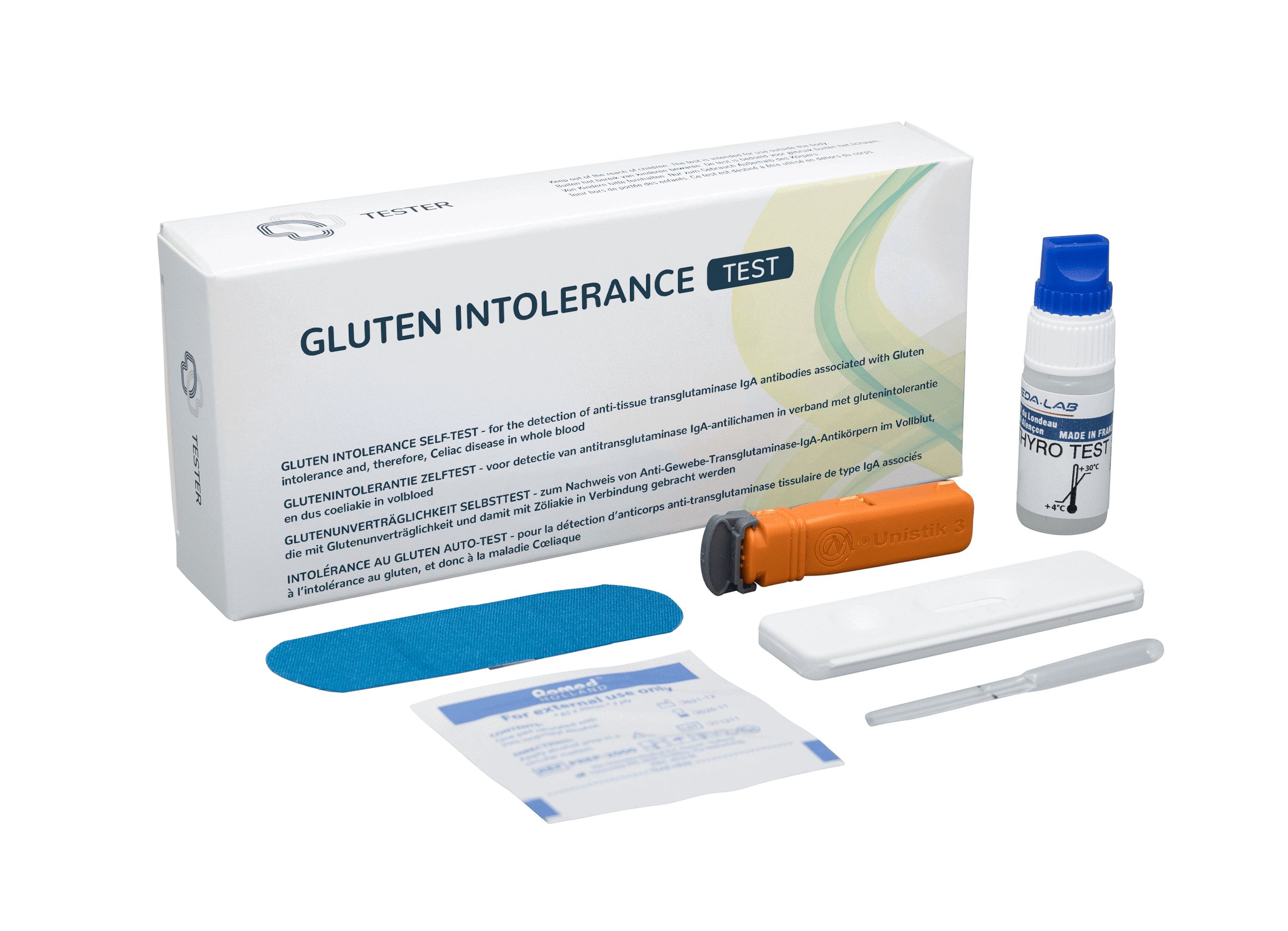 Kit test intolleranza al glutine con contagocce, lancetta, cassetta di test e flaconcino.