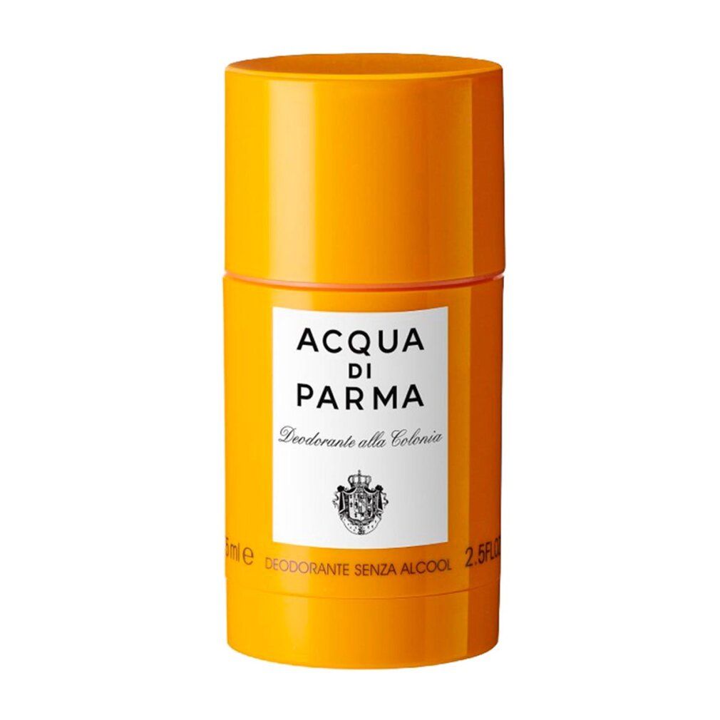 Stick deodorante giallo. Etichetta bianca: ACQUA DI PARMA, Deodorante alla Colonia. Sotto: Deodorante Senza Alcool. Logo.