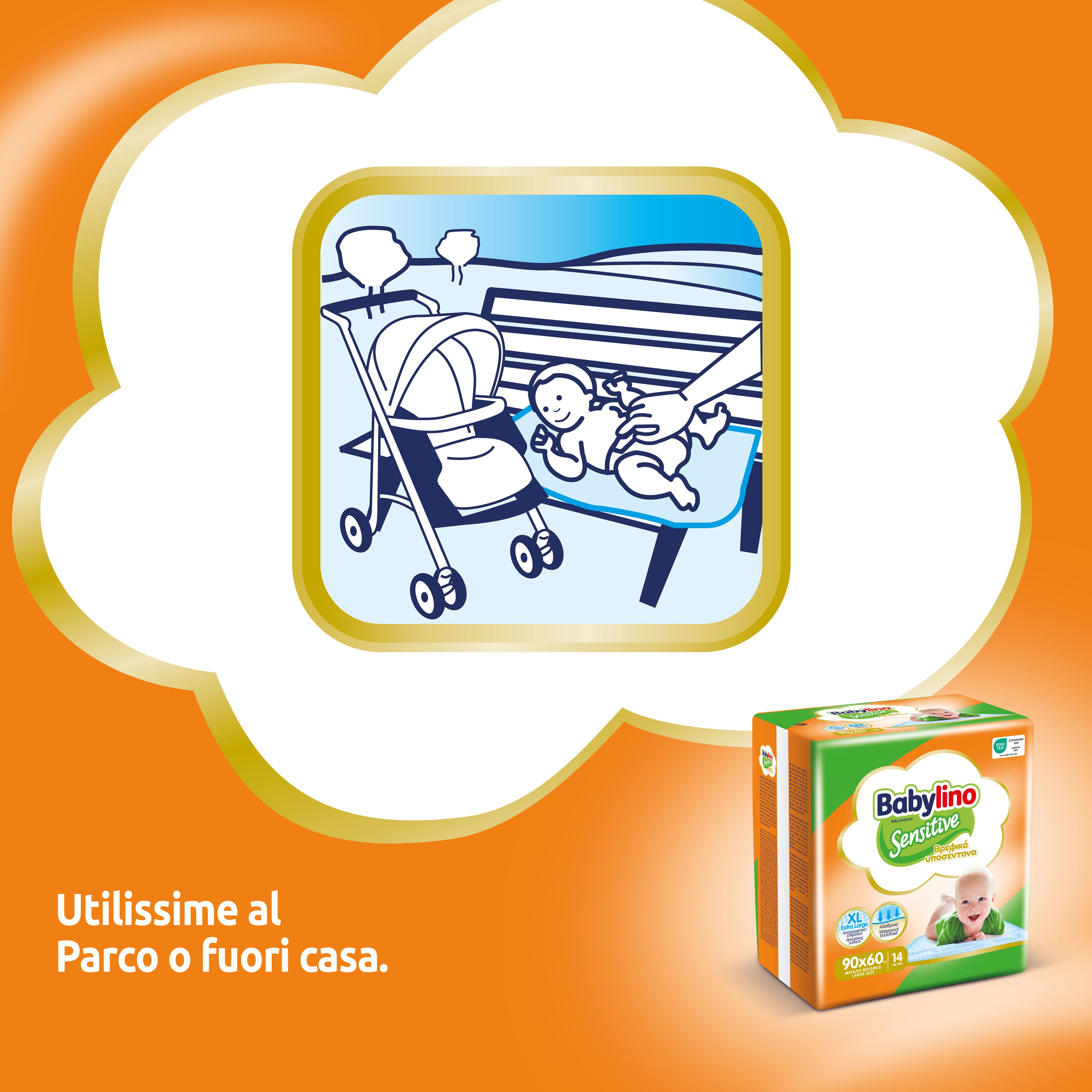 Illustrazione: bambino cambiato su traversina al parco. Confezione Babylino Sensitive sullo sfondo.