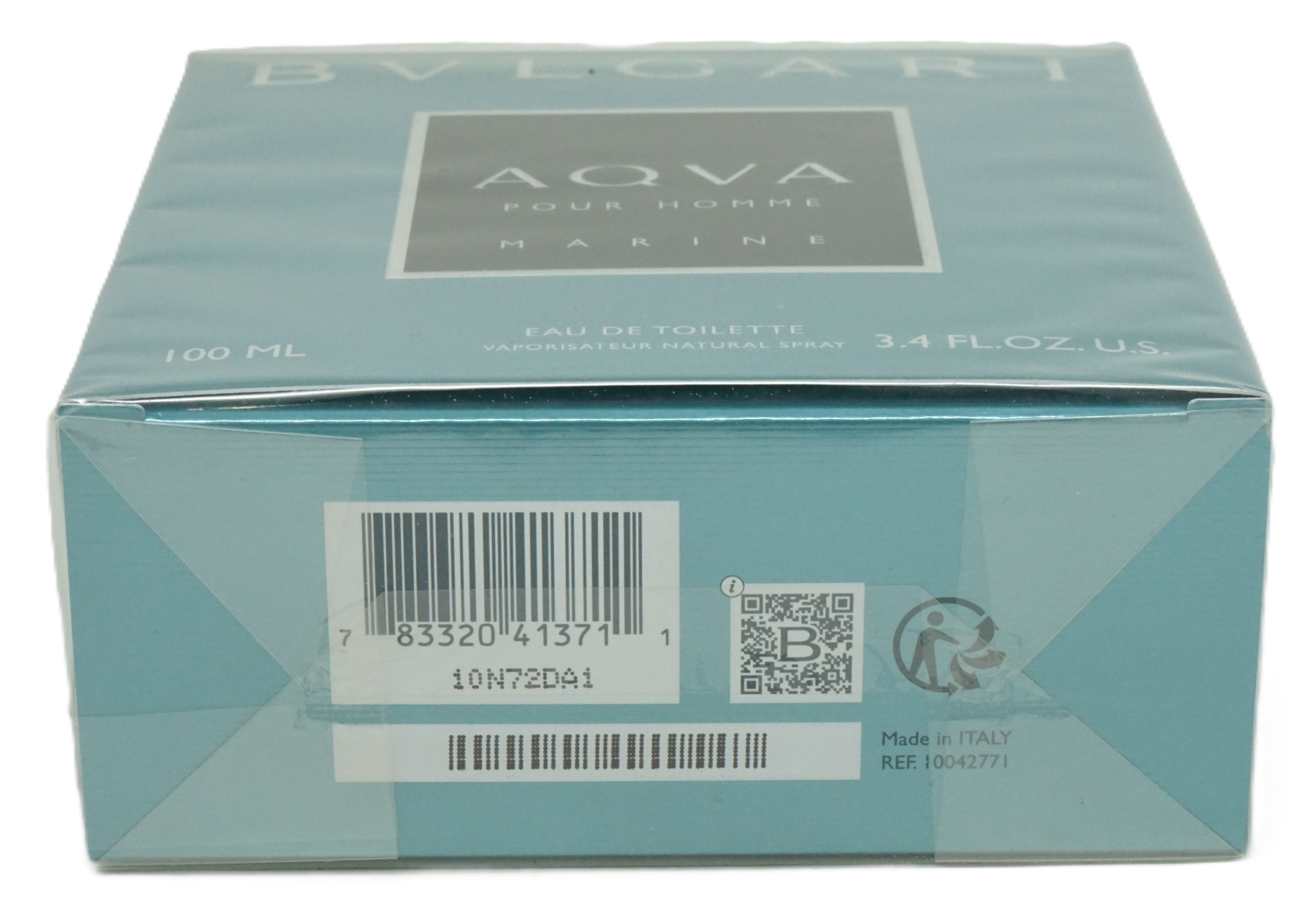 Confezione azzurra. Scritte: BVLGARI, AQVA POUR HOMME MARINE. Codice a barre e altre informazioni.