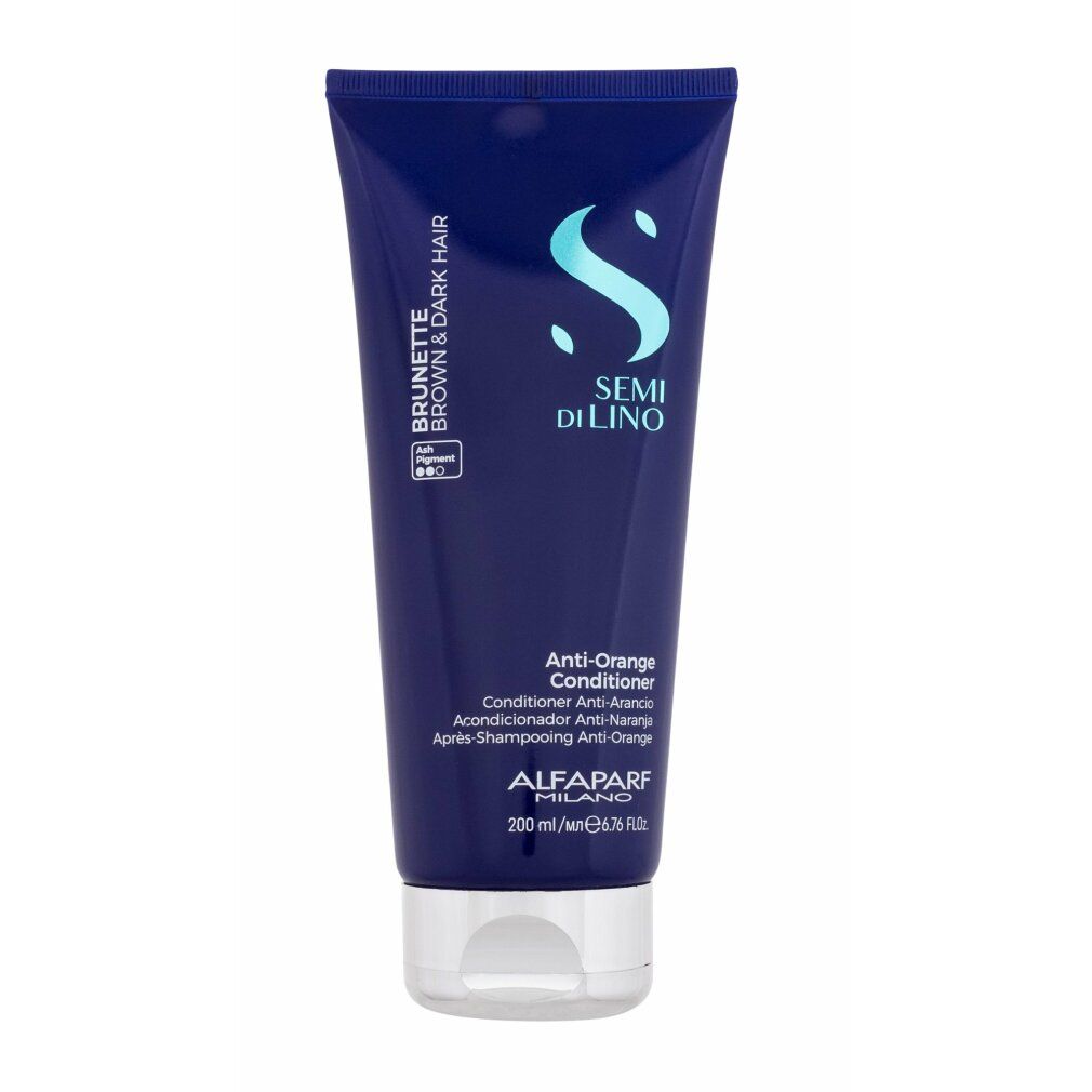 Tubo blu scuro con testo. Scritta: Semi Di Lino, Brunette, Anti-Orange Conditioner. Marchio: Alfaparf Milano.