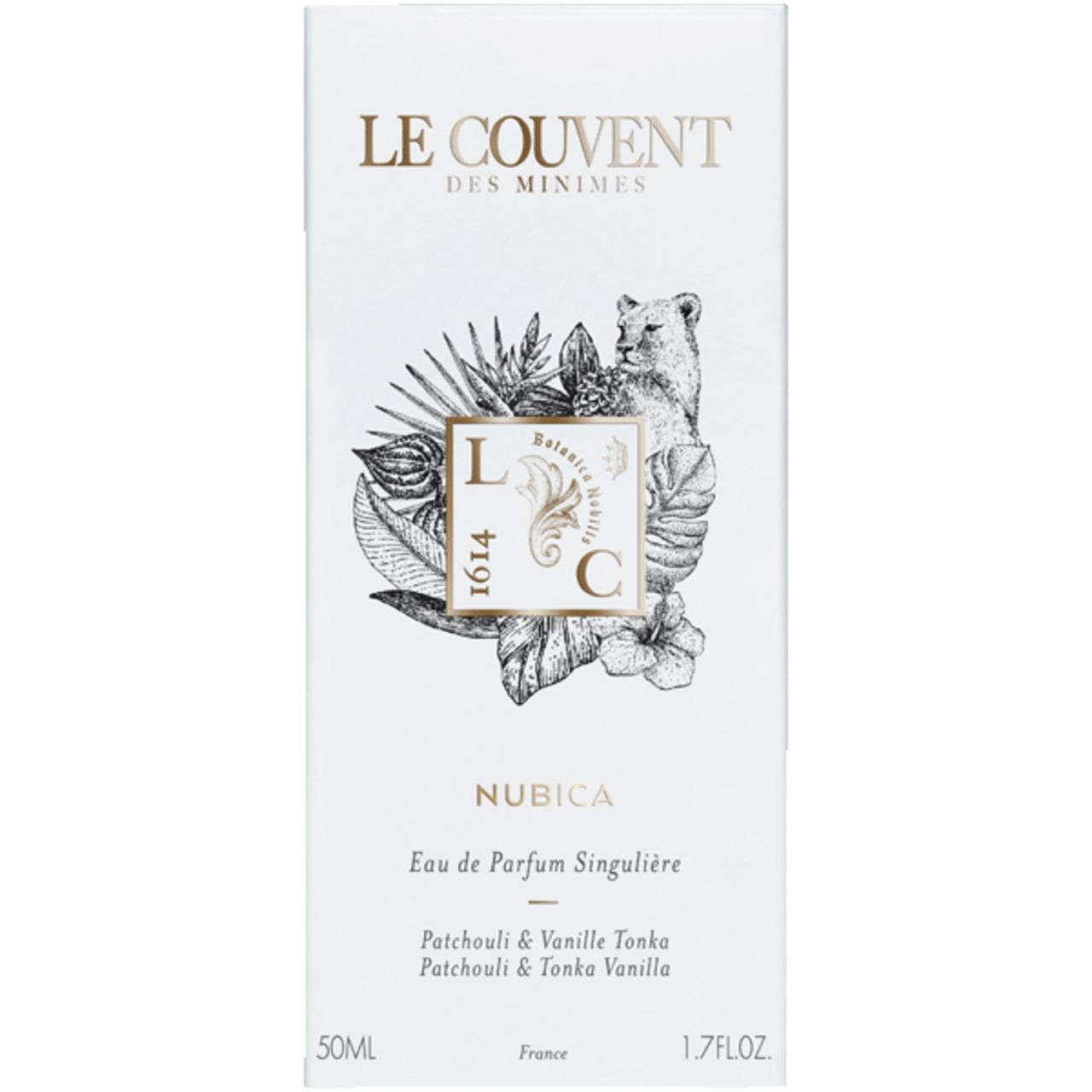 Confezione bianca con logo, nome del prodotto e design botanico. Testo: Nubica Eau de Parfum Singulière.