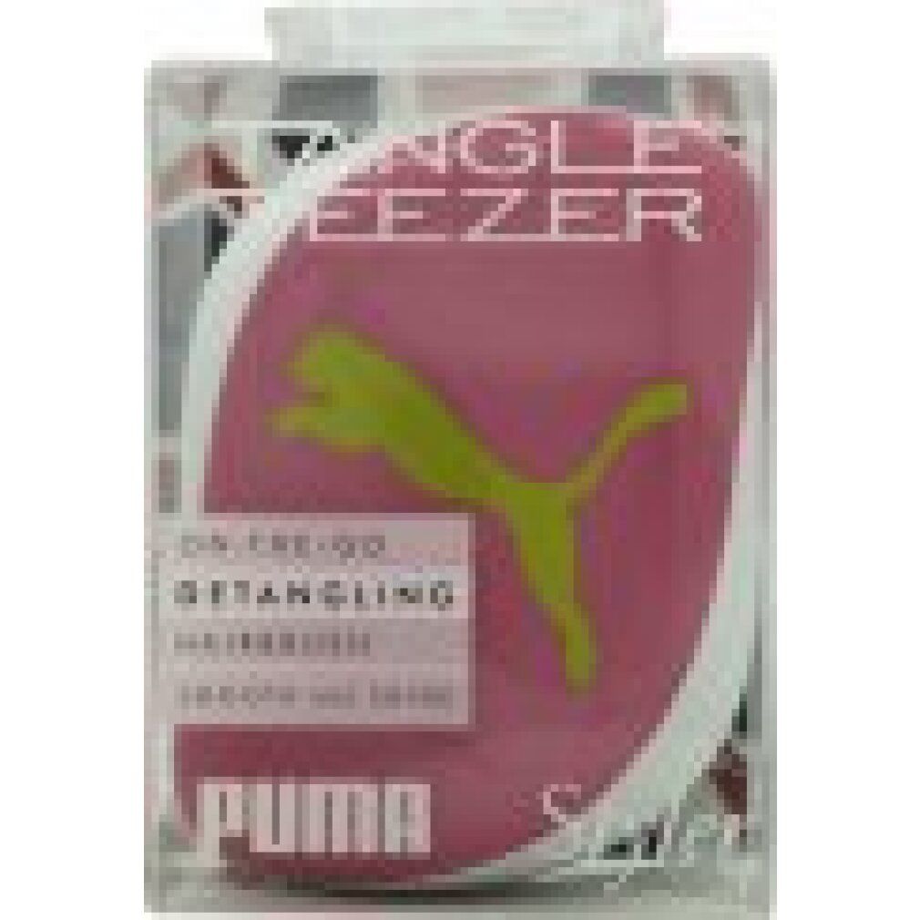 Spazzola per capelli rosa con logo Puma verde. Testo: Tangle Teezer, Detangling Hairbrush. In confezione trasparente.