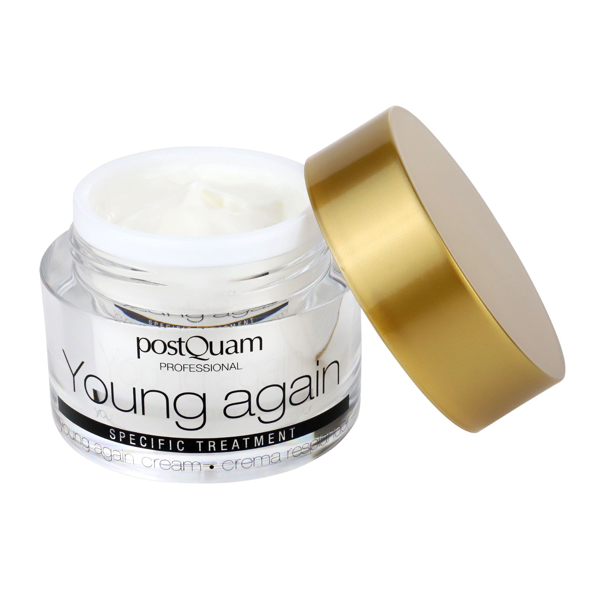 Vasetto di crema aperto con coperchio dorato. Scritta: Young again, Specific Treatment. Marchio: Postquam. Crema visibile.