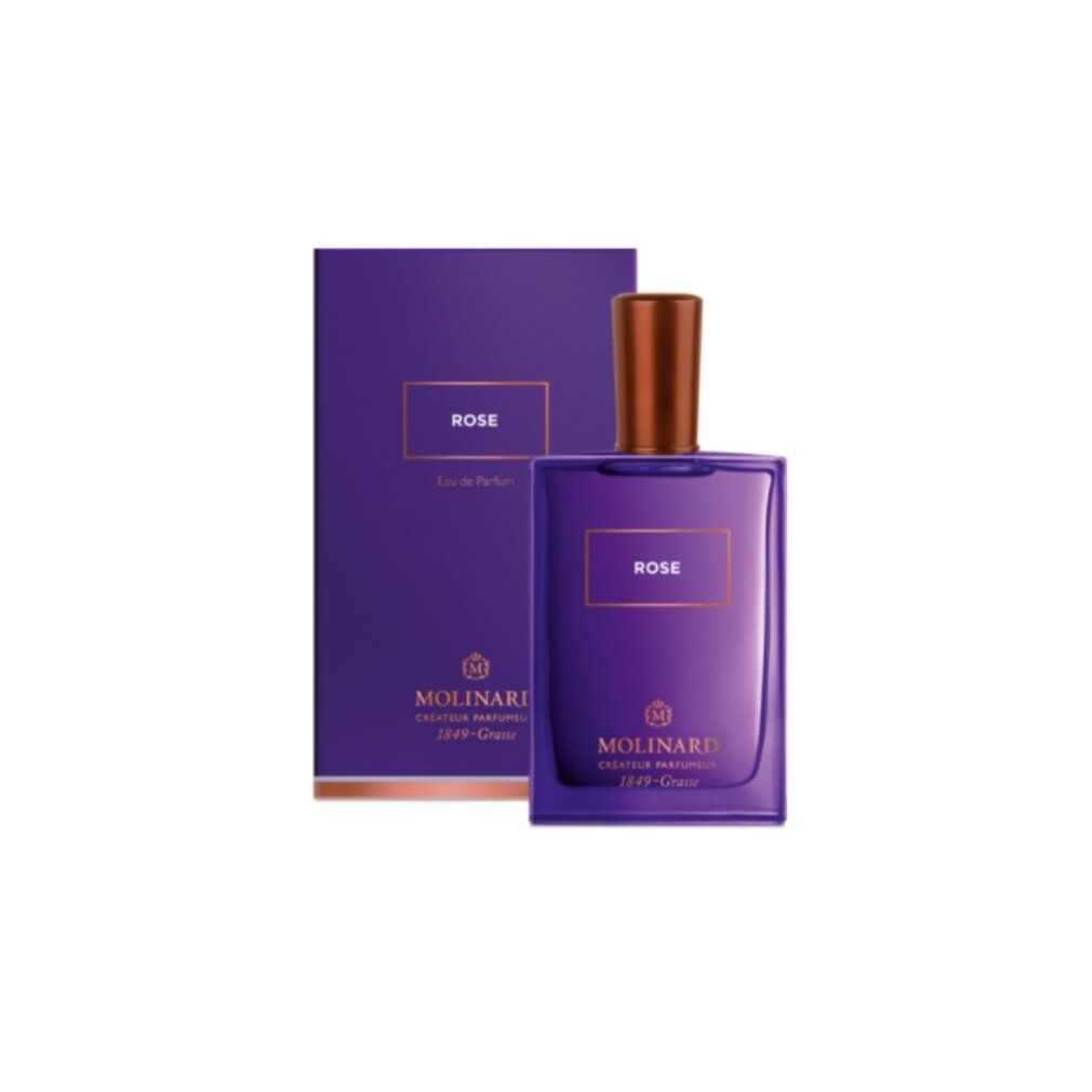 Flacone e confezione viola. Scritta ROSE, Eau de Parfum e MOLINARD. Tappo bronzo.