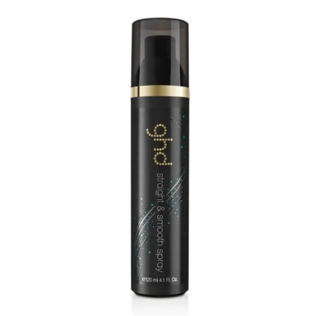 Flacone spray nero con scritta dorata "ghd" e "straight & smooth spray". Tappo nero. 120 ml.