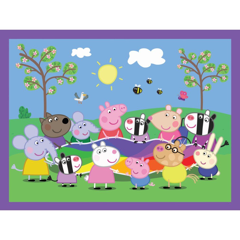 Illustrazione di Peppa Pig e amici che tengono un telo arcobaleno. Sfondo: alberi, sole, nuvole, api e farfalla.