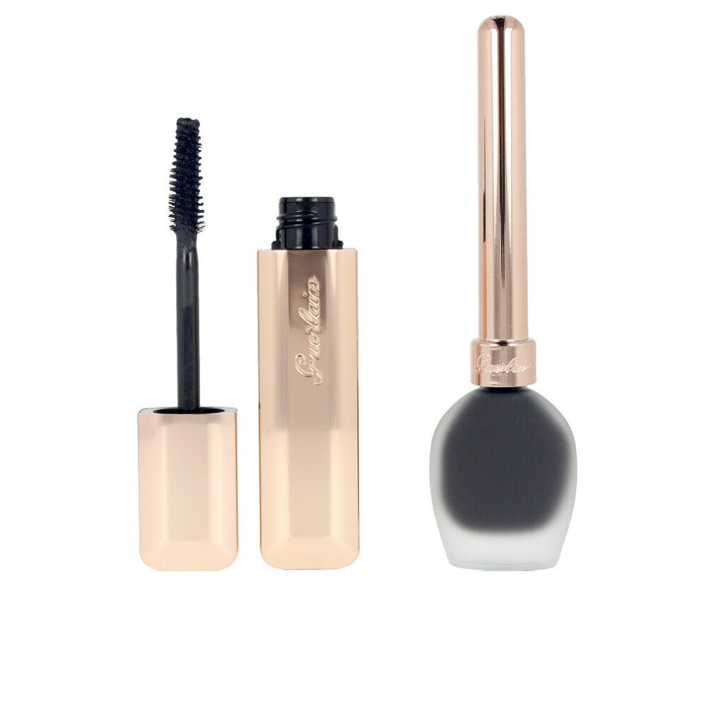 Set mascara e eyeliner. Tubo mascara dorato con spazzola nera. Eyeliner con manico dorato e punta nera.