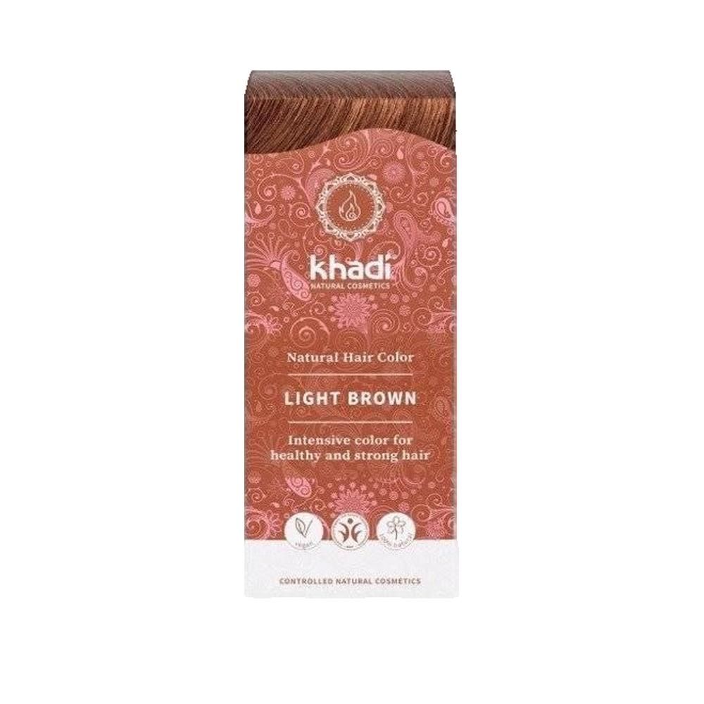 Confezione Khadi Hellbraun. Scritta: Natural Hair Color, Light Brown. Testo: Intensive color for healthy and strong hair. Loghi: Vegan, etc.