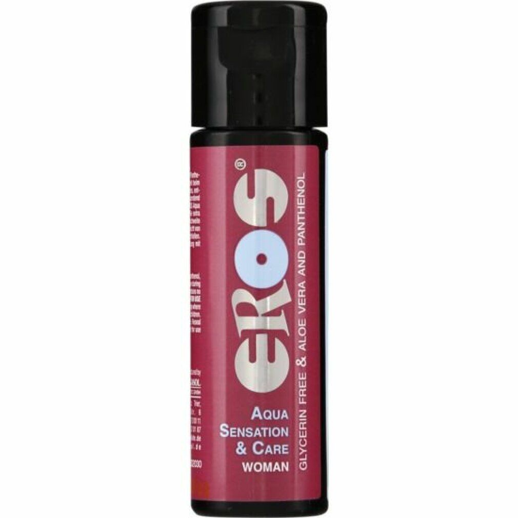 Flacone con tappo nero ed etichetta rossa. Scritta: EROS, Aqua Sensation & Care, Woman.