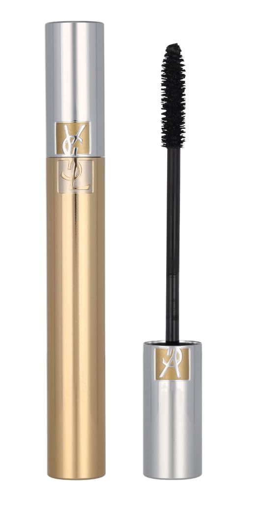 Tubo mascara dorato con cappuccio argentato. Spazzola nera accanto. Logo YSL visibile.