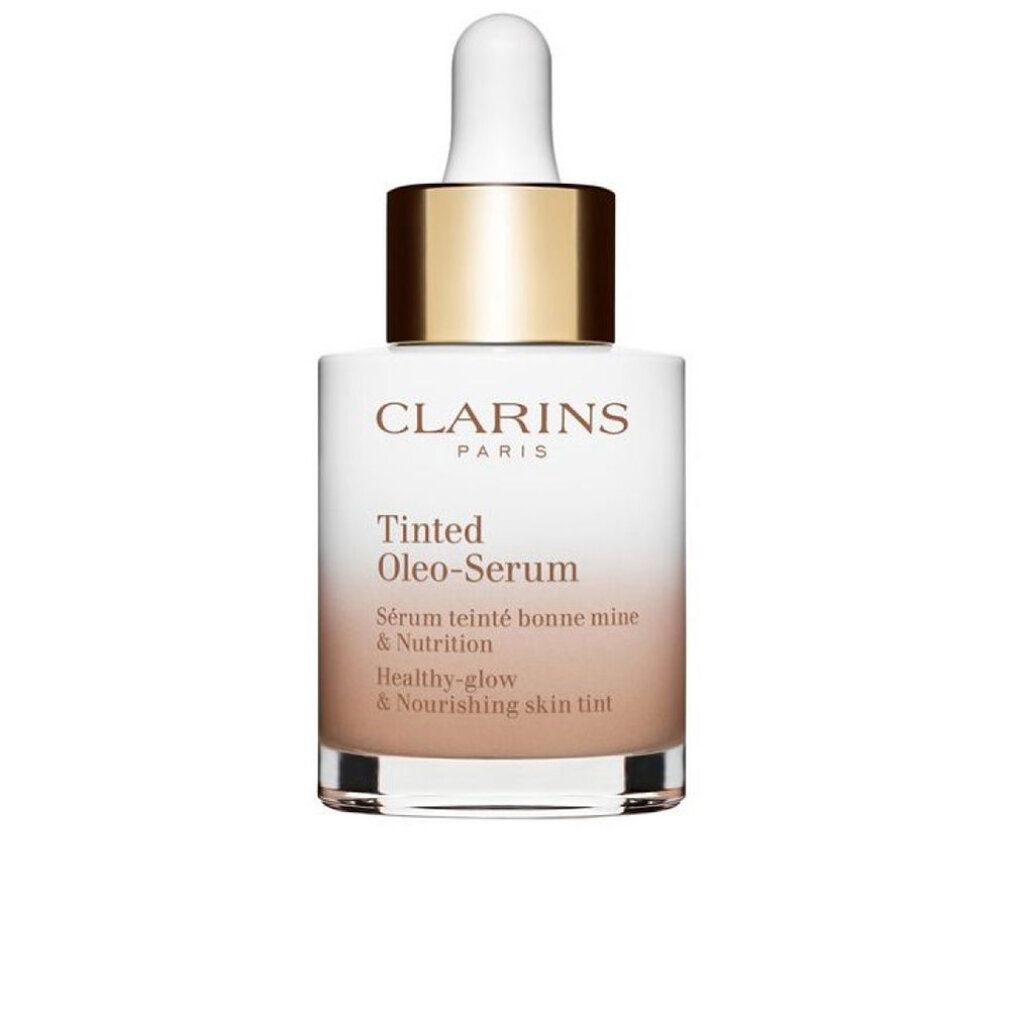 Clarins Siero Oleo-Tinto. Flacone con contagocce, tappo oro. Sfumatura da chiaro a marrone. Scritte visibili.