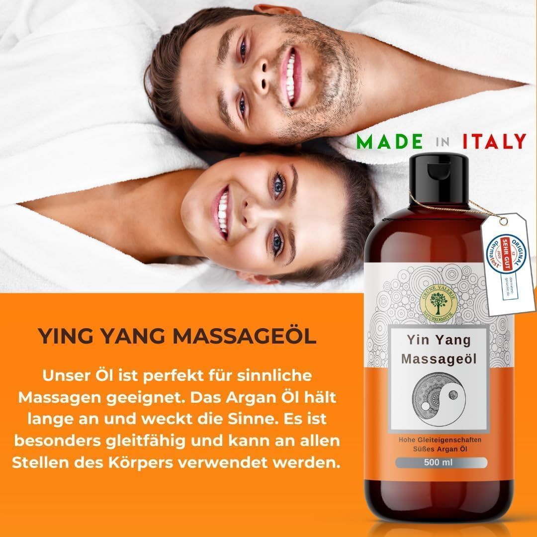 Flacone marrone con etichetta. Olio da massaggio Yin Yang, 500 ml. Due persone sullo sfondo. Made in Italy.