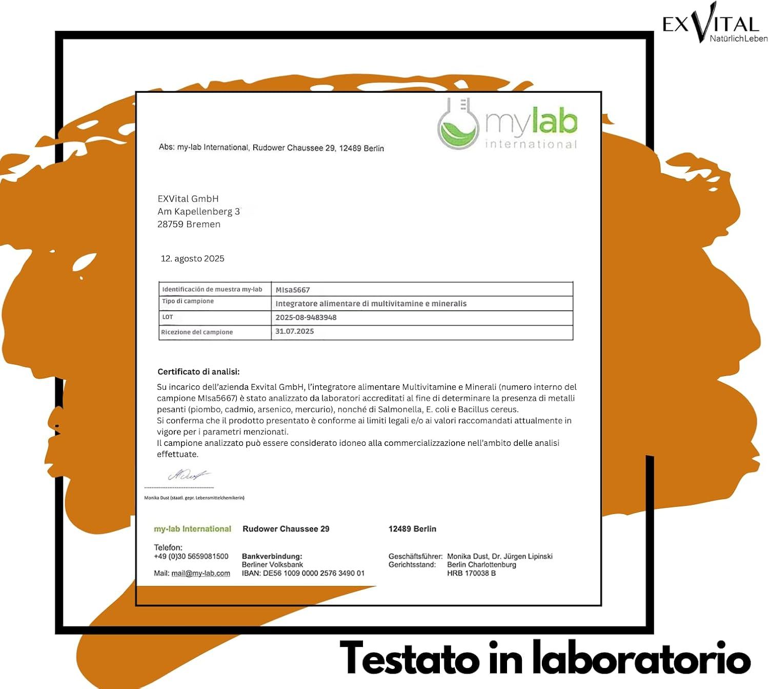 Rapporto di laboratorio con logo. Testo: mylab, compresse EXVital Multivitamine & Minerali, testato in laboratorio.