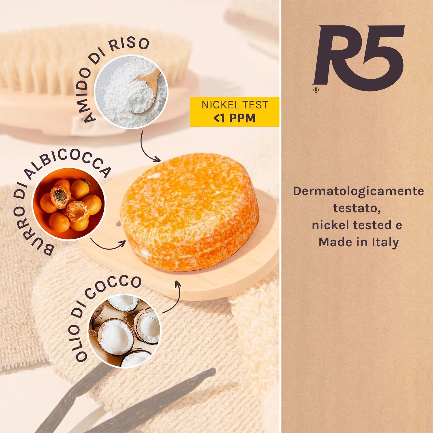 Docciaschiuma solido R5 con ingredienti come farina di riso, burro di albicocca e olio di cocco.