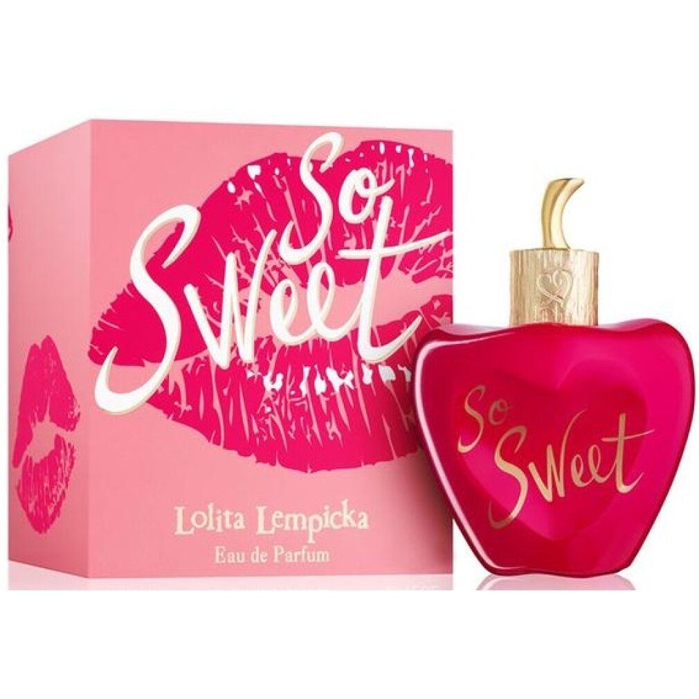 Scatola rosa con "So Sweet" e labbra. Flacone rosso a forma di cuore. Marchio: Lolita Lempicka.