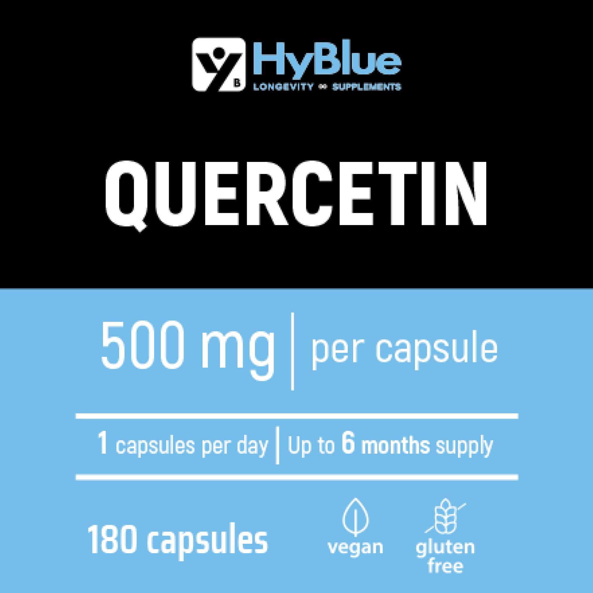 HyBlue Quercetina 500 mg per capsula, 180 capsule, vegano, senza glutine.