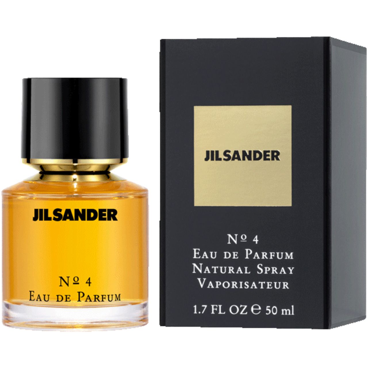Flacone e scatola nera. Scritta: JIL SANDER, N° 4, Eau de Parfum, Natural Spray, Vaporisateur.