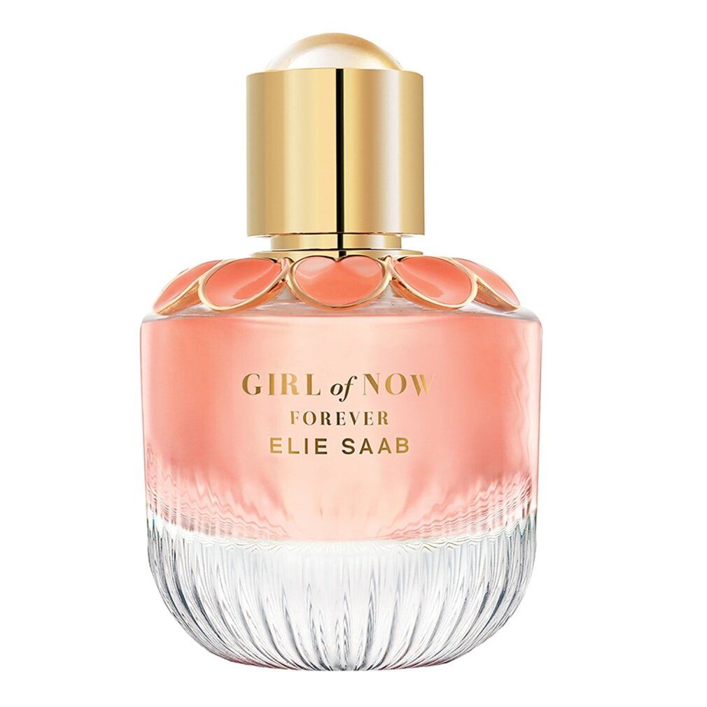 Flacone di profumo con tappo dorato e liquido rosa. Scritta: GIRL of NOW FOREVER ELIE SAAB.