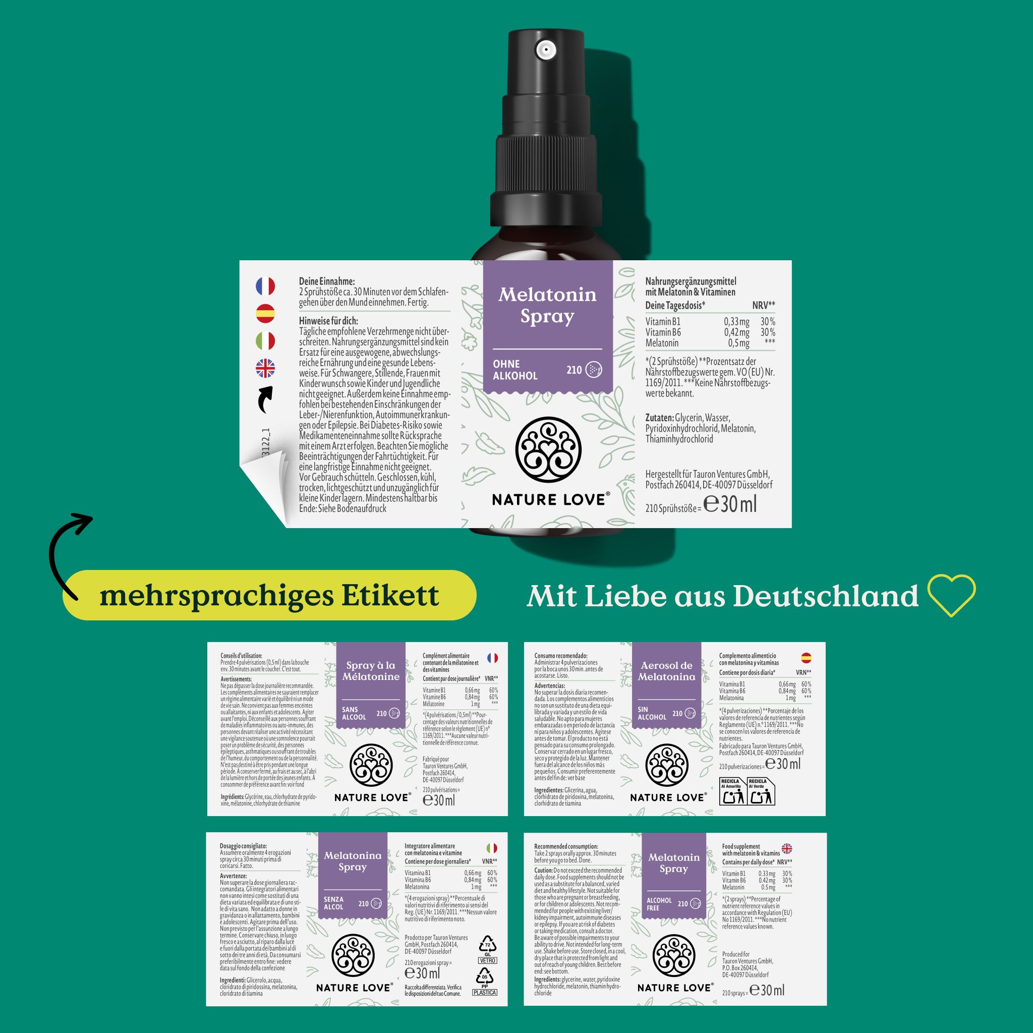 Prodotto con etichetta multilingue. Flacone con "Melatonin Spray" e "NATURE LOVE". Etichette aggiuntive con informazioni.