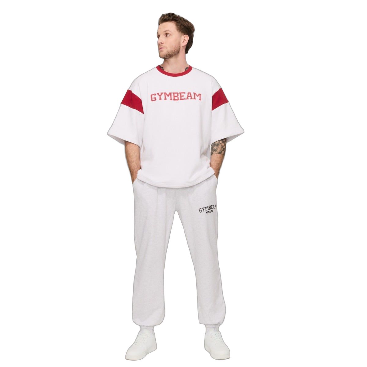 GymBeam T-shirt uomo oversize manica corta Varsity bianco-rosso