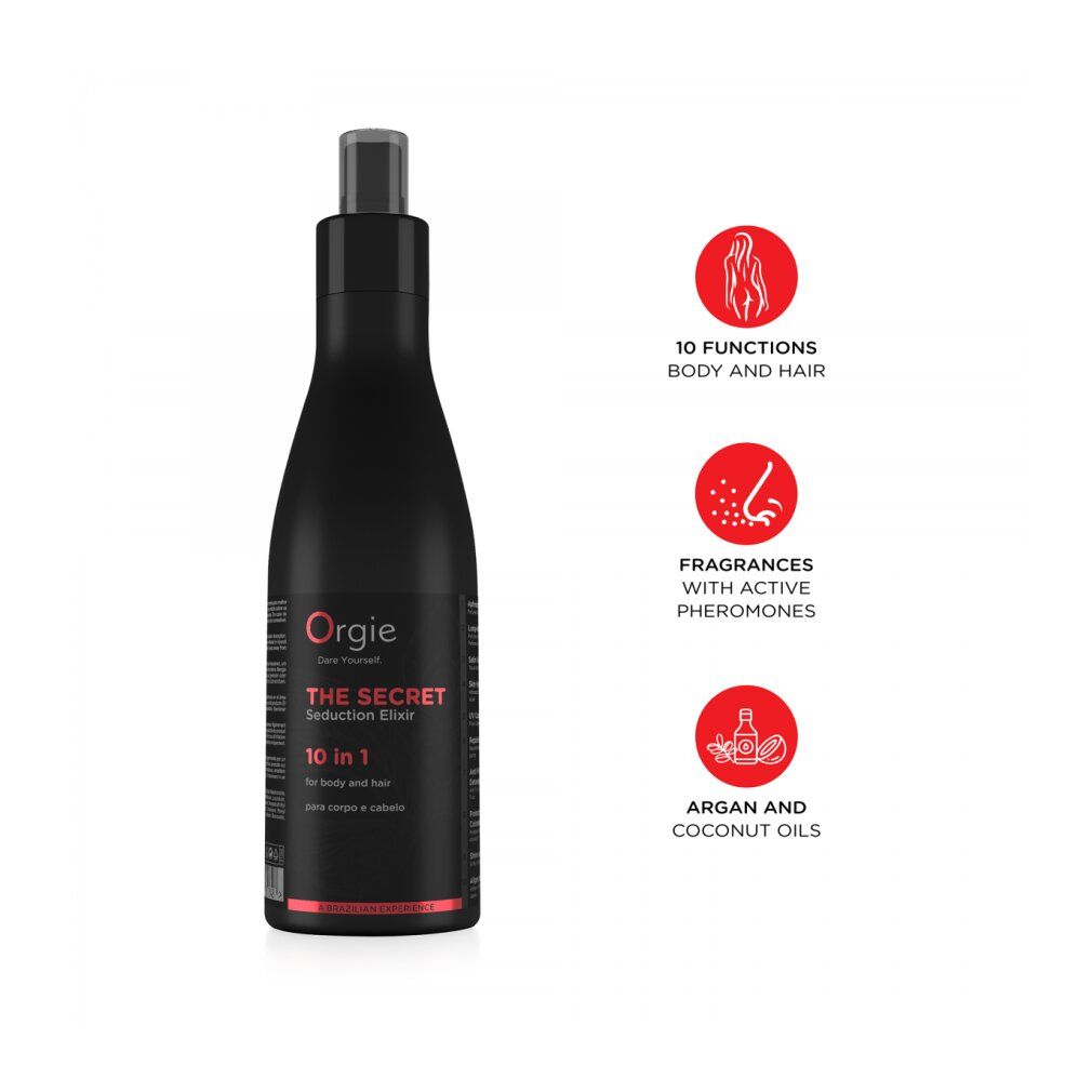 Flacone nero Orgie THE SECRET Seduction Elixir, 10 in 1 per corpo e capelli. Contiene oli di argan e cocco.