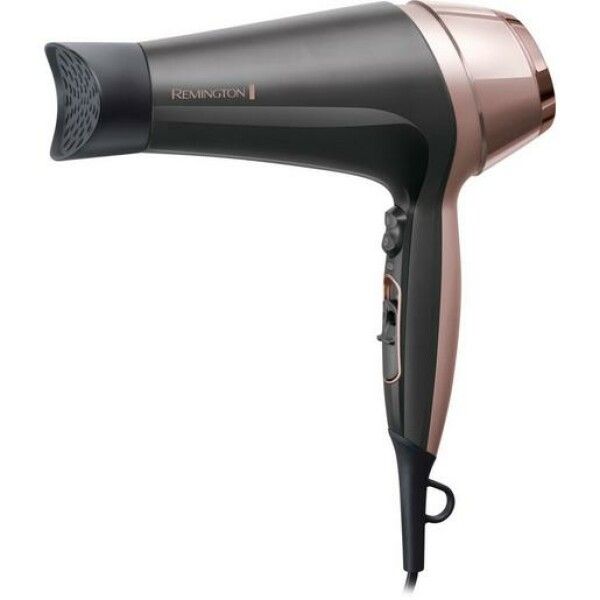 Asciugacapelli nero e oro rosa. Logo Remington. Impugnatura nera con anello per appenderlo.